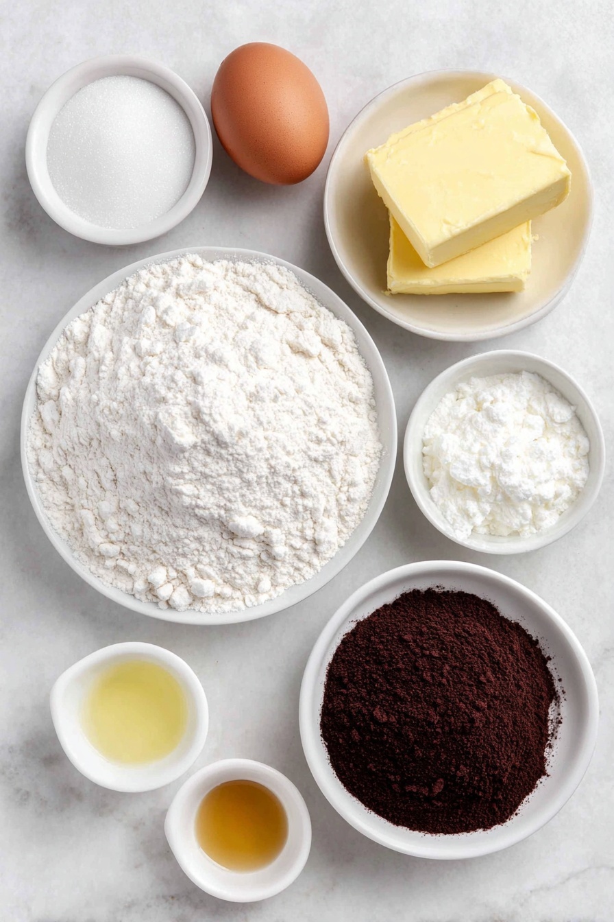 Flat lay of a small pile of fine all-purpose flour on a simple white ceramic plate, a small white bowl filled with fine granulated sugar, a few tablespoons of smooth unsalted butter shaped in a small pat, one large whole brown egg with a clean shell, a small white bowl with clear buttermilk, a small white bowl containing dark brown Dutch-process cocoa powder, a small white bowl of fine confectioners’ sugar, a small white bowl with pale yellow fresh lemon juice, a small white bowl with clear water, a small white bowl with glossy light corn syrup, and a small white bowl with golden vanilla extract, all arranged in perfect symmetry and balanced proportions around the center, placed on a clean white marble surface, soft natural light, photo taken with an iPhone, professional food photography style, fresh ingredients, white ceramic bowls, no bottles, no duplicates, no utensils, no packaging --ar 2:3 --v 7 --p m7354615311229779997 - Black and White Cookies with Vanilla and Chocolate Icing, black and white cookie recipe, classic NYC cookies, homemade black and white cookies, vanilla and chocolate glazed cookies
