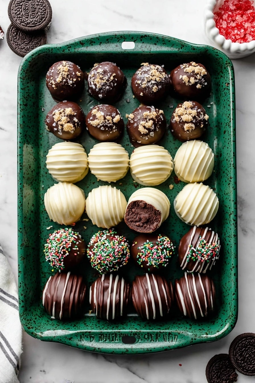 A green speckled baking tray filled with three types of round truffles arranged in neat rows: the top two rows are dark chocolate covered truffles with some sprinkled with crushed cookies or colorful tiny sprinkles, the third row has white chocolate covered truffles with smooth, ridged texture and one truffle bitten to show a light crumb inside, the fourth row returns to dark chocolate truffles decorated with colorful sprinkles, the fifth row has dark chocolate truffles drizzled with white chocolate lines, and the bottom two rows display plain dark chocolate truffles with some topped with crushed cookies, all placed on a white marbled surface with a small white bowl of red sugar crystals and a couple of Oreo cookies on the side. photo taken with an iphone --ar 2:3 --v 7 - Easy Oreo Truffles, Oreo Truffles, No-Bake Oreo Treats, Simple Dessert Ideas, Party Dessert Recipes