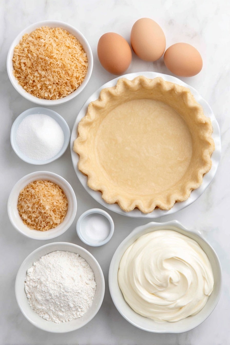 Flat lay of a whole 9-inch pre-baked pie crust on a simple white ceramic plate, a small white bowl of golden toasted shredded sweetened coconut flakes, four large whole eggs with clean shells, a small white bowl of fine white granulated sugar, a small white bowl of smooth white cornstarch powder, a small white bowl of pure unsweetened coconut milk, a small white bowl of whole milk, a small white bowl of soft unsalted butter at room temperature, a small white bowl of thick heavy cream, a small white bowl of fine powdered sugar, a small white bowl of clear vanilla extract liquid, and a small white bowl of pale coconut extract liquid, all ingredients fresh and natural, perfectly symmetrical arrangement, placed on a clean white marble surface, soft natural light, photo taken with an iPhone, professional food photography style, fresh ingredients, white ceramic bowls, no bottles, no duplicates, no utensils, no packaging --ar 2:3 --v 7 --p m7354615311229779997 - Coconut Cream Pie, Coconut Cream Pie Recipe, Best Coconut Pie, Easy Coconut Cream Pie, Creamy Coconut Dessert