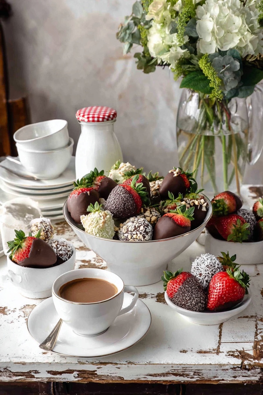 The image shows a white bowl filled with fresh strawberries mostly covered in smooth, dark chocolate. Among them, a few strawberries are dipped halfway in chopped nuts or coated with white shredded coconut. The strawberries are bright red with green leaves on top, creating a vibrant contrast against the dark chocolate, nuts, and coconut layers. The bowl is set on a white marbled surface, and the background is softly blurred, including a small white bowl and a cup holding a brown sauce. Photo taken with an iphone --ar 2:3 --v 7 - Chocolate Covered Strawberries, strawberry chocolate coating, easy chocolate covered strawberries, romantic dessert ideas, quick strawberry treats