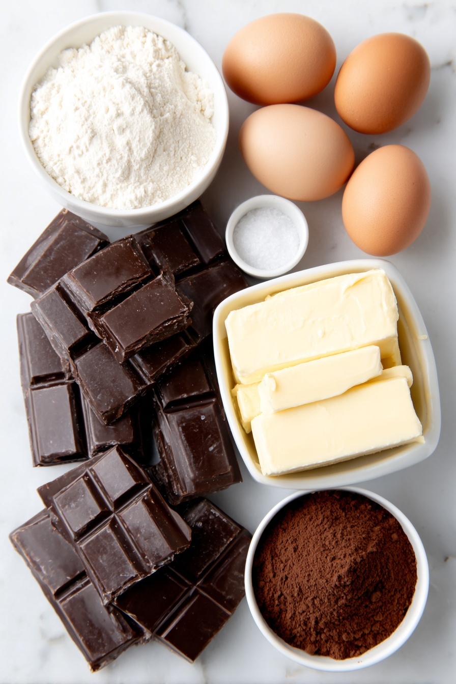Flat lay of roughly chopped semi sweet chocolate chunks, a small white ceramic bowl filled with all purpose flour, a small white ceramic bowl of granulated white sugar, three whole uncracked brown eggs, a block of unsalted butter at room temperature, a small white ceramic bowl with vanilla extract, a small pinch of salt displayed as coarse grains, a small white ceramic bowl of confectioners sugar, a small white ceramic bowl of cocoa powder, a small white ceramic bowl of heavy whipping cream, placed on a clean white marble surface, soft natural light, photo taken with an iPhone, professional food photography style, fresh ingredients, white ceramic bowls, no bottles, no duplicates, no utensils, no packaging --ar 2:3 --v 7 --p m7354615311229779997 - Chocolate Frosted Christmas Brownies, festive brownies recipe, fudgy Christmas brownies, holiday chocolate brownies, easy Christmas brownie recipe