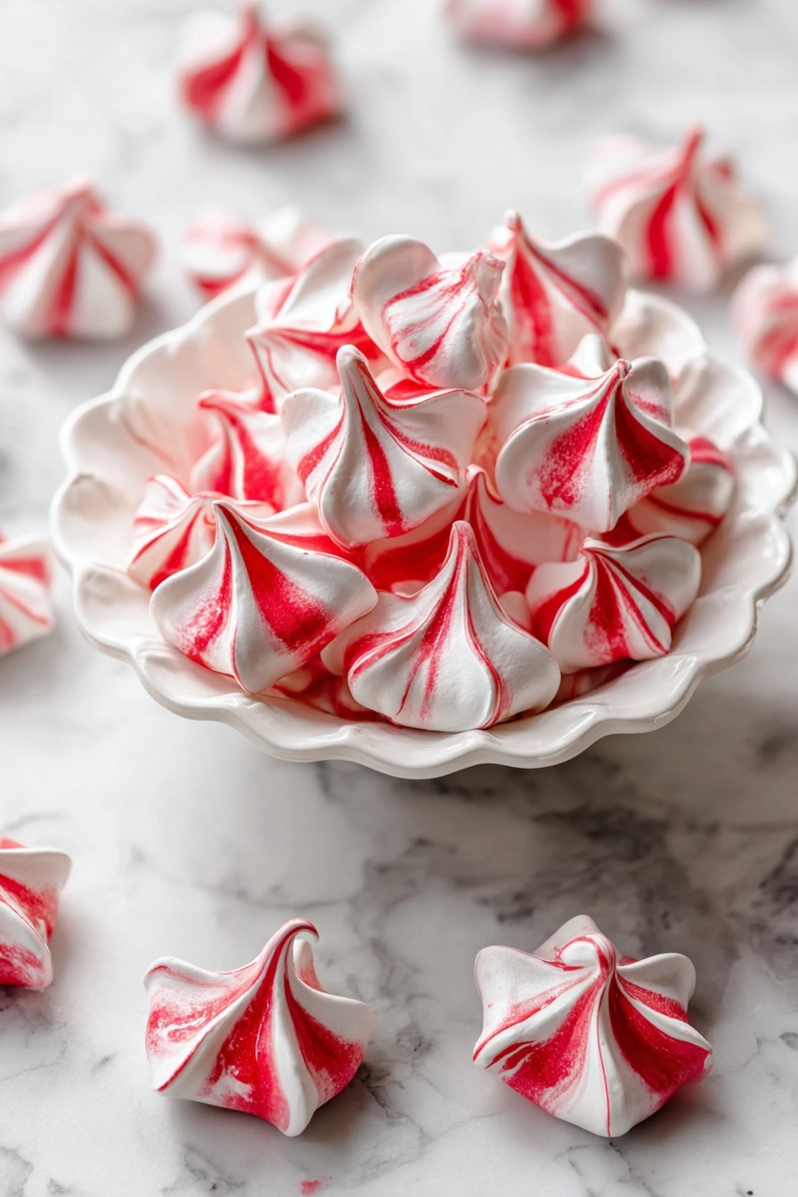 A white cake stand holds a pile of small meringue cookies, each with red and white swirled colors forming pointed peaks and smooth textures. The cookies are stacked in a lively cluster creating a high mound, with some scattered around the base on a white marbled surface. A woman's hand is gently picking up one of the meringues from the top. In the background, there are small decorative green trees that add a festive touch. photo taken with an iphone --ar 2:3 --v 7 - Peppermint Meringue Cookies, festive holiday cookies, easy meringue recipes, peppermint treats, homemade holiday sweets