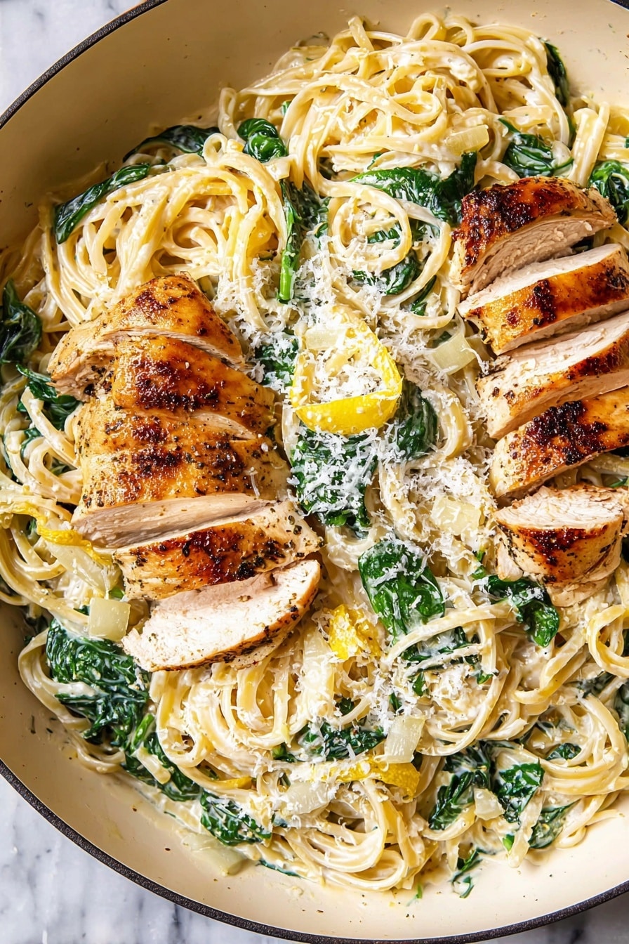 The image shows a close-up view of a white bowl filled with sliced golden-brown grilled chicken on the left side. The chicken has a slightly crispy, shiny texture with visible seasoning and small cooked garlic pieces on top. Next to the chicken, there is a creamy pasta with fettuccine noodles that are light yellow and mixed with white sauce and green spinach leaves. Some parts of the pasta have a slight shine from the sauce, and small bits of white cheese are sprinkled throughout. The white bowl rests on a white marbled surface. Photo taken with an iphone --ar 2:3 --v 7 - Creamy Spinach Ricotta Pasta with Lemon Chicken, spinach ricotta pasta, lemon chicken dinner, easy creamy pasta recipes, healthy chicken pasta dishes