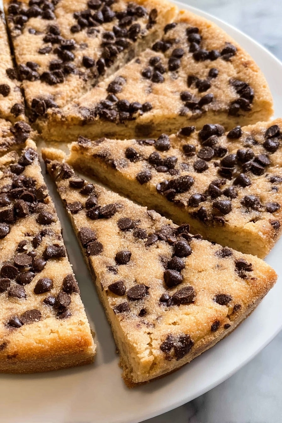 A round dessert pizza with one thick layer of light golden dough forming a soft-looking crust at the edge. On top is a thick, crumbly, light brown layer mixed with small melted chocolate chips that are spread evenly across the surface. The texture of the top layer looks crumbly and slightly grainy, covering the entire center of the dough evenly up to the crust edge. The pizza is placed directly on a wooden surface with visible wood grain patterns. photo taken with an iphone --ar 2:3 --v 7 - Chocolate Chip Dessert Pizza, Easy Dessert Pizza, Kid-Friendly Dessert, Quick Chocolate Pizza, Sweet Pizza Idea