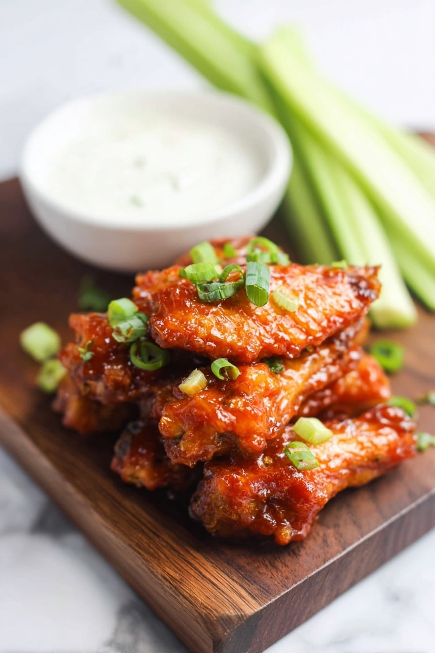 A stack of shiny, reddish-orange chicken wings coated in a thick, sticky sauce sits on a dark wooden board, topped with bright green chopped spring onions. Behind the wings, several long, light green celery sticks lean diagonally against the board. To the left, a white bowl filled with smooth, white creamy dip rests on the board. The whole setting is placed on a white marbled surface, and a woman's hand is holding the edge of the board. Photo taken with an iphone --ar 2:3 --v 7 - Honey Garlic Chicken Wings, honey garlic wings, crispy chicken wings, easy chicken wing recipe, flavorful appetizer