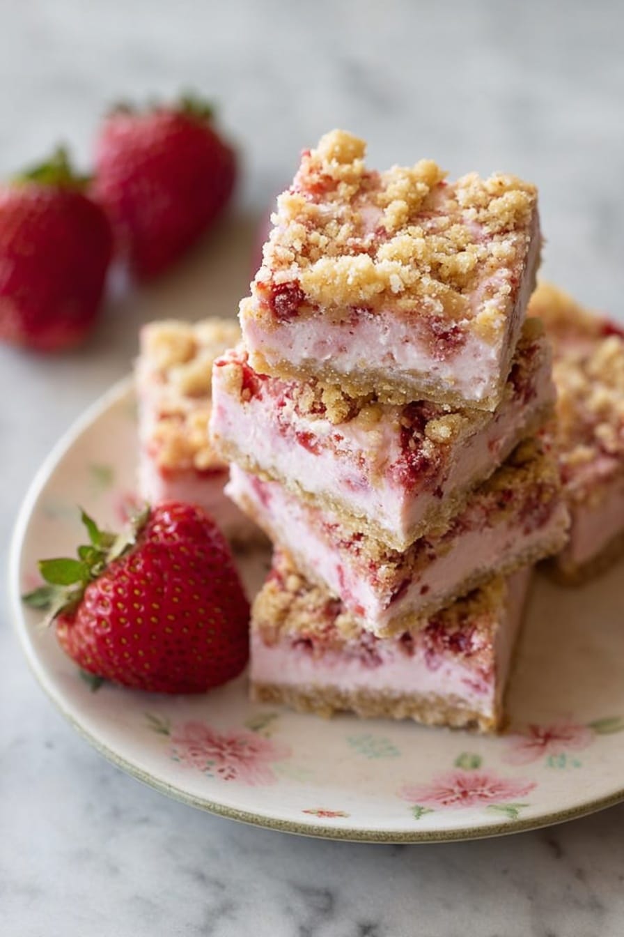 The image shows a stack of five square dessert bars on a white plate with a soft floral pattern, placed on a white marbled surface. Each layered bar has a crumbly golden brown topping with visible small chunks giving texture. Below the topping is a thick pale pink creamy layer, with hints of red fruit pieces embedded inside, making the pink color uneven and natural. The bars are stacked neatly, with three whole red strawberries with green tops placed beside them on the plate. Photo taken with an iphone --ar 2:3 --v 7 - Frozen Strawberry Shortcake Squares, strawberry shortcake dessert, frozen berry treats, summer fruit dessert, easy strawberry dessert