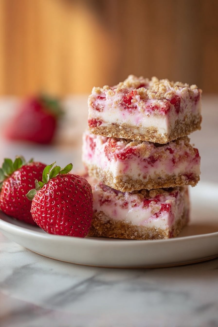 The image shows a stack of four square bars on a white plate placed on a white marbled surface. Each bar has three visible layers: the bottom and top layers are crumbly and light brown with a textured look, while the middle layer is thick and creamy light pink mixed with small red pieces, likely strawberries. Two fresh strawberries with green leaves are placed in front of the stack on the left side of the plate. The background is softly blurred with warm tones. photo taken with an iphone --ar 2:3 --v 7 - Frozen Strawberry Shortcake Squares, strawberry shortcake dessert, frozen berry treats, summer fruit dessert, easy strawberry dessert