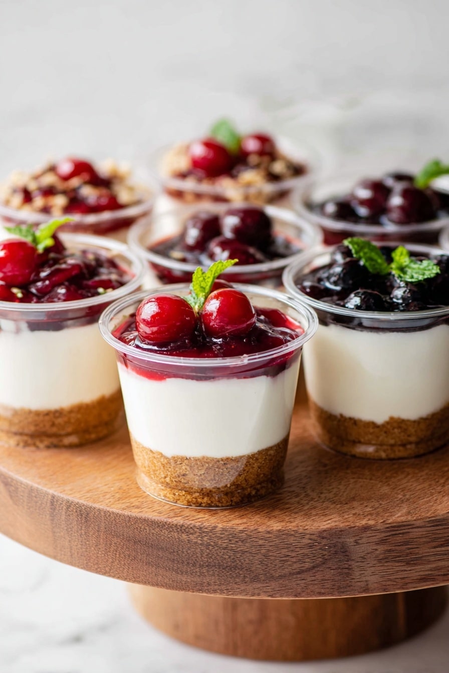The image shows six clear plastic cups filled with three visible layers, placed on a wooden cake stand against a white marbled background. The bottom layer is a light brown crumbly base, the middle layer is smooth, creamy and white, and the top layer varies between two fruit toppings: some cups have a glossy red berry sauce with whole red berries and a small green mint leaf on top, while others have a dark purple berry sauce with whole dark berries and a small green mint leaf. The cups are arranged close together with soft, natural light highlighting the colors and textures of the dessert. photo taken with an iphone --ar 2:3 --v 7 - No-Bake Cheesecake Cups, no-bake cheesecake, easy cheesecake dessert, quick cheesecake recipes, creamy cheesecake cups
