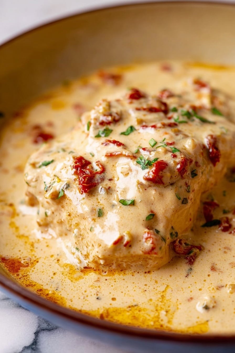 A single thick piece of light tan chicken is covered in a creamy sauce with a smooth, rich texture. The sauce is off-white with bits of red sun-dried tomatoes and small green herb leaves sprinkled on top. The chicken and sauce fill a round pan with a dark edge, resting on a white marbled surface. The creamy sauce pools around the chicken with a slightly glossy finish, showing a mix of orange oil streaks and herbs throughout. Photo taken with an iphone --ar 2:3 --v 7 - Creamy Sun-Dried Tomato Tofu Skillet, vegetarian tofu dinner, quick tofu recipes, plant-based creamy mushroom sauce, easy weeknight tofu dish