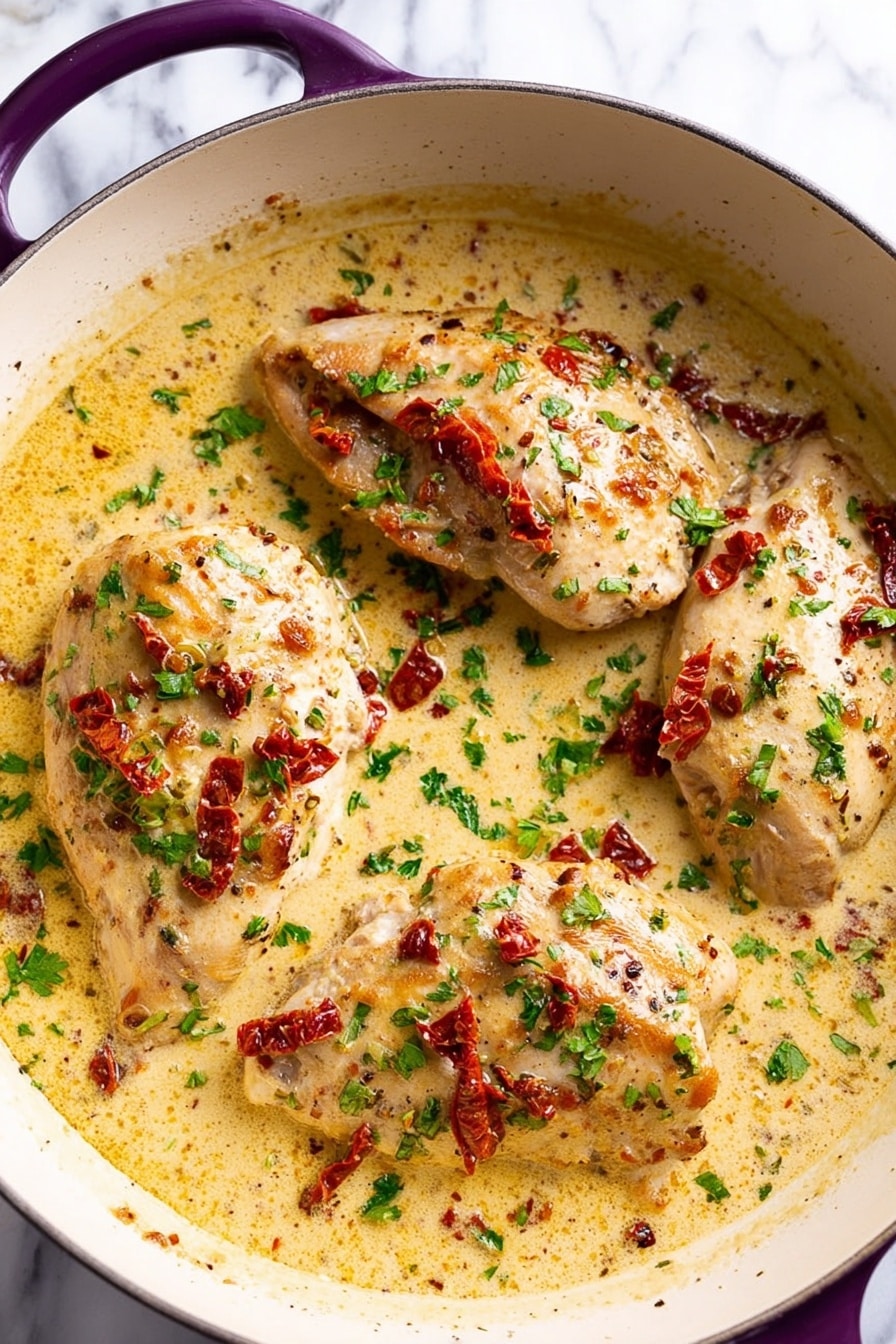 A close-up top view of three pieces of cooked chicken in a creamy light yellow sauce with bits of red sun-dried tomatoes and chopped green parsley sprinkled on top. The chicken pieces are nestled in the sauce inside a round white pan with a purple handle, all placed on a white marbled surface. The sauce looks smooth and thick, mixing well with the herbs and tomatoes scattered evenly over the chicken. photo taken with an iphone --ar 2:3 --v 7 - Creamy Sun-Dried Tomato Tofu Skillet, vegetarian tofu dinner, quick tofu recipes, plant-based creamy mushroom sauce, easy weeknight tofu dish