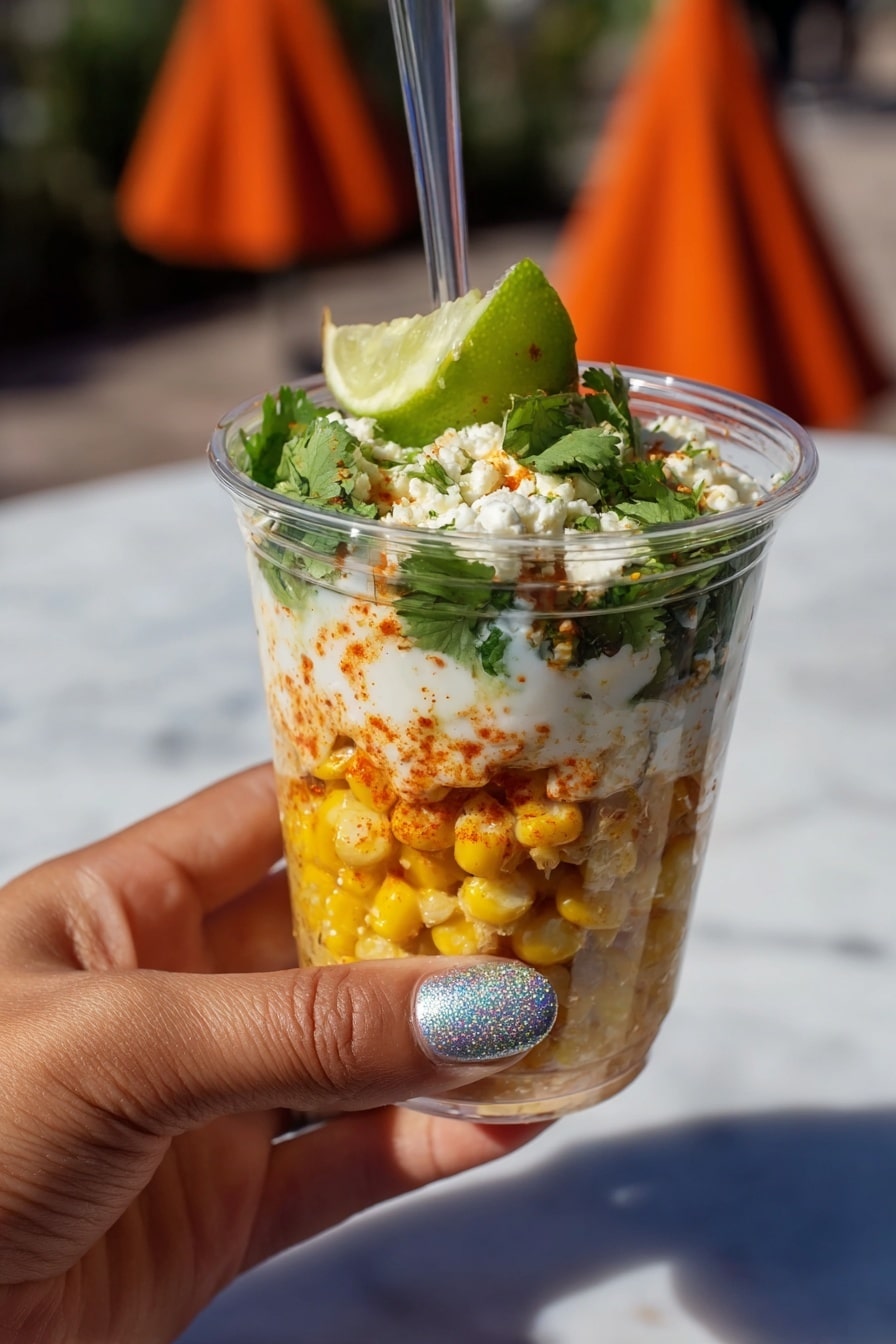 A clear plastic cup with four distinct layers is held by a woman's hand with sparkly silver nail polish against an outdoor scene with orange cone-shaped towers and a blue sky. The bottom layer is bright yellow corn kernels, topped by a white crumbly cheese layer mixed with red spice. Above that are fresh green cilantro leaves and a wedge of light green lime, with a white sauce being poured over the top. The background shows a white marbled texture surface replacing what would normally be the ground or table. Photo taken with an iphone --ar 2:3 --v 7 - Mexican Street Corn Cups, Mexican Street Corn, elote cups, Mexican corn snack, portable street corn