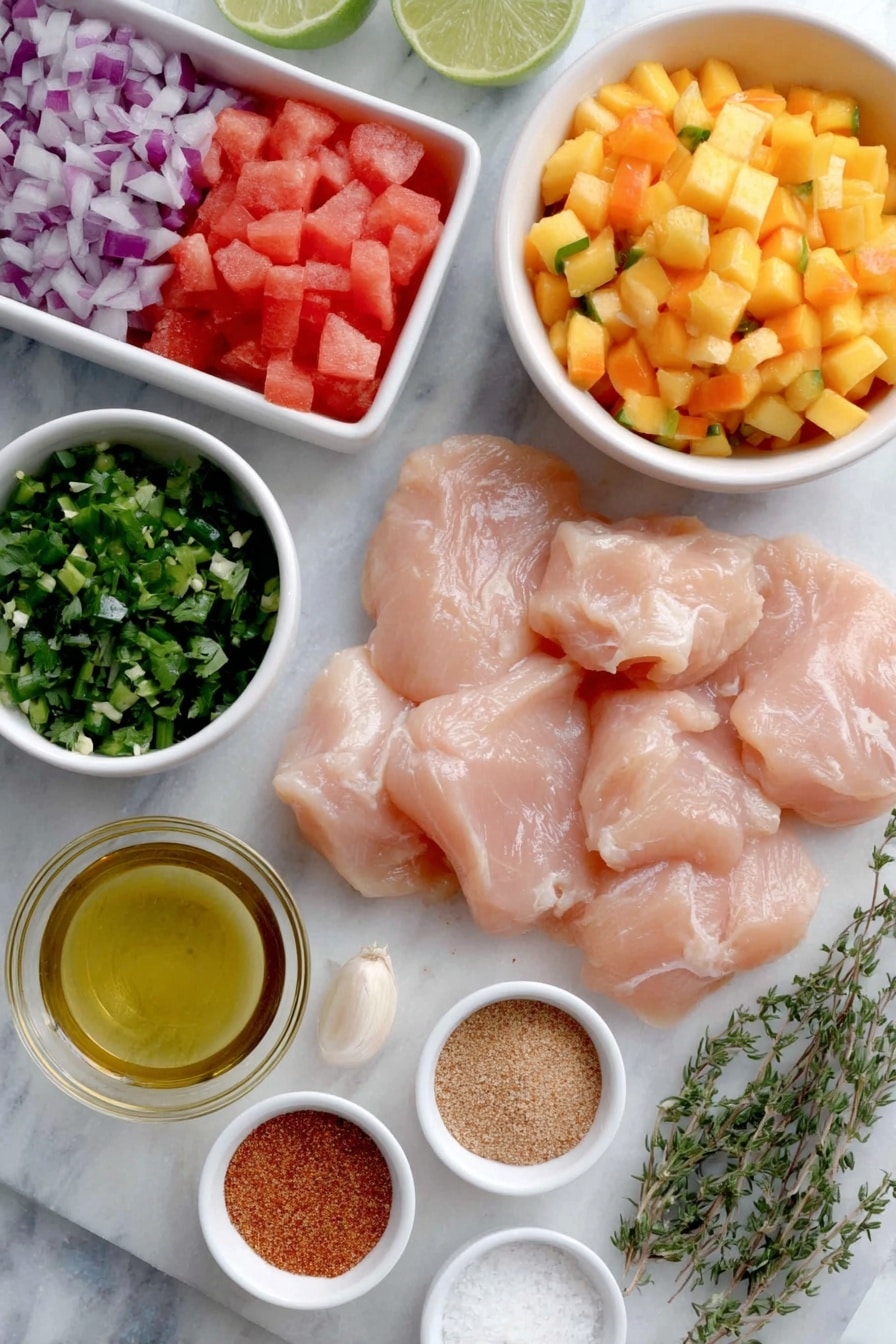 Flat lay of fresh boneless, skinless chicken breasts arranged neatly, a small white bowl of cubed bright red watermelon, another bowl with vivid orange mango cubes, a pile of finely chopped red onion, a few sprigs of fresh green cilantro, a small heap of finely chopped green jalapeño peppers, a small white bowl with fresh lime juice, a small white bowl containing golden extra virgin olive oil, whole garlic cloves with their pale papery skins intact, fresh oregano sprigs with delicate green leaves, small piles of warm brown chili powder, light tan ground cumin, coarse white salt crystals, and granulated white sugar, all placed on a clean white marble surface, soft natural light, photo taken with an iPhone, professional food photography style, fresh ingredients, white ceramic bowls, no bottles, no duplicates, no utensils, no packaging --ar 2:3 --v 7 --p m7354615311229779997 - Grilled Chicken with Mango Watermelon Salsa, grilled chicken with tropical fruit salsa, summer grilled chicken recipes, healthy grilled chicken ideas, easy fruit salsa chicken