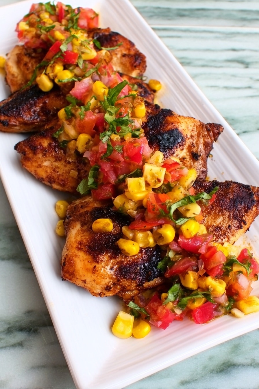 A white rectangular plate holds two grilled pieces of seasoned chicken with a dark, slightly charred crust. On top and around the chicken is a colorful salsa made of bright yellow mango chunks, red watermelon cubes, small pieces of red onion, and fresh green cilantro leaves, adding a fresh and vibrant contrast against the chicken. The background surface is white marble. Photo taken with an iphone --ar 2:3 --v 7 - Grilled Chicken with Mango Watermelon Salsa, grilled chicken with tropical fruit salsa, summer grilled chicken recipes, healthy grilled chicken ideas, easy fruit salsa chicken