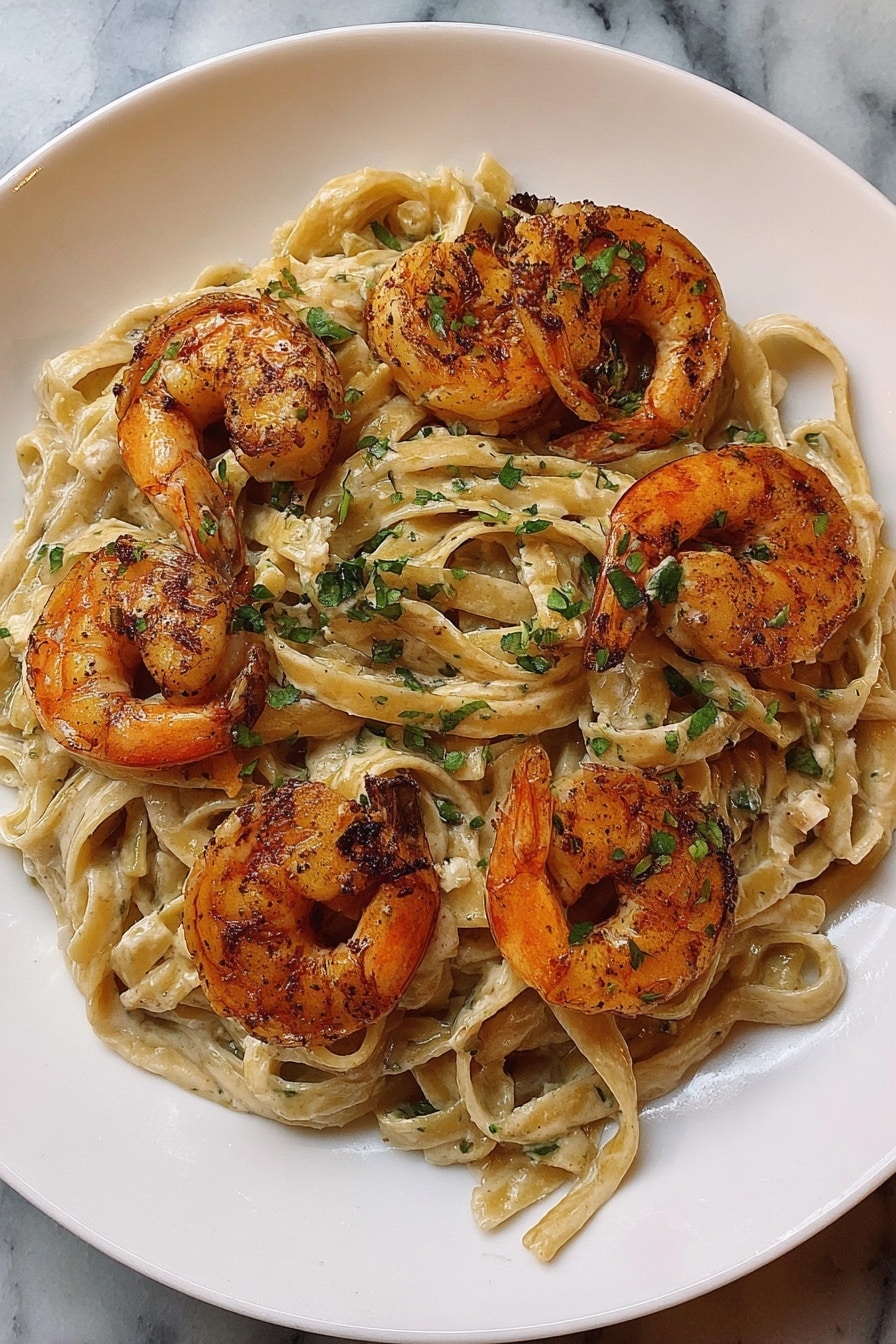 A white plate is filled with creamy fettuccine pasta that is light beige in color, mixed with small bits of green herbs. On top of the pasta, there are six large cooked shrimp, arranged in a circle. The shrimp are orange with charred edges and sprinkled with chopped green herbs. The plate sits on a white marbled surface. photo taken with an iphone --ar 2:3 --v 7 - Cajun Shrimp Pasta, Cajun Shrimp Pasta recipe, spicy shrimp pasta, creamy Cajun pasta, quick dinner ideas