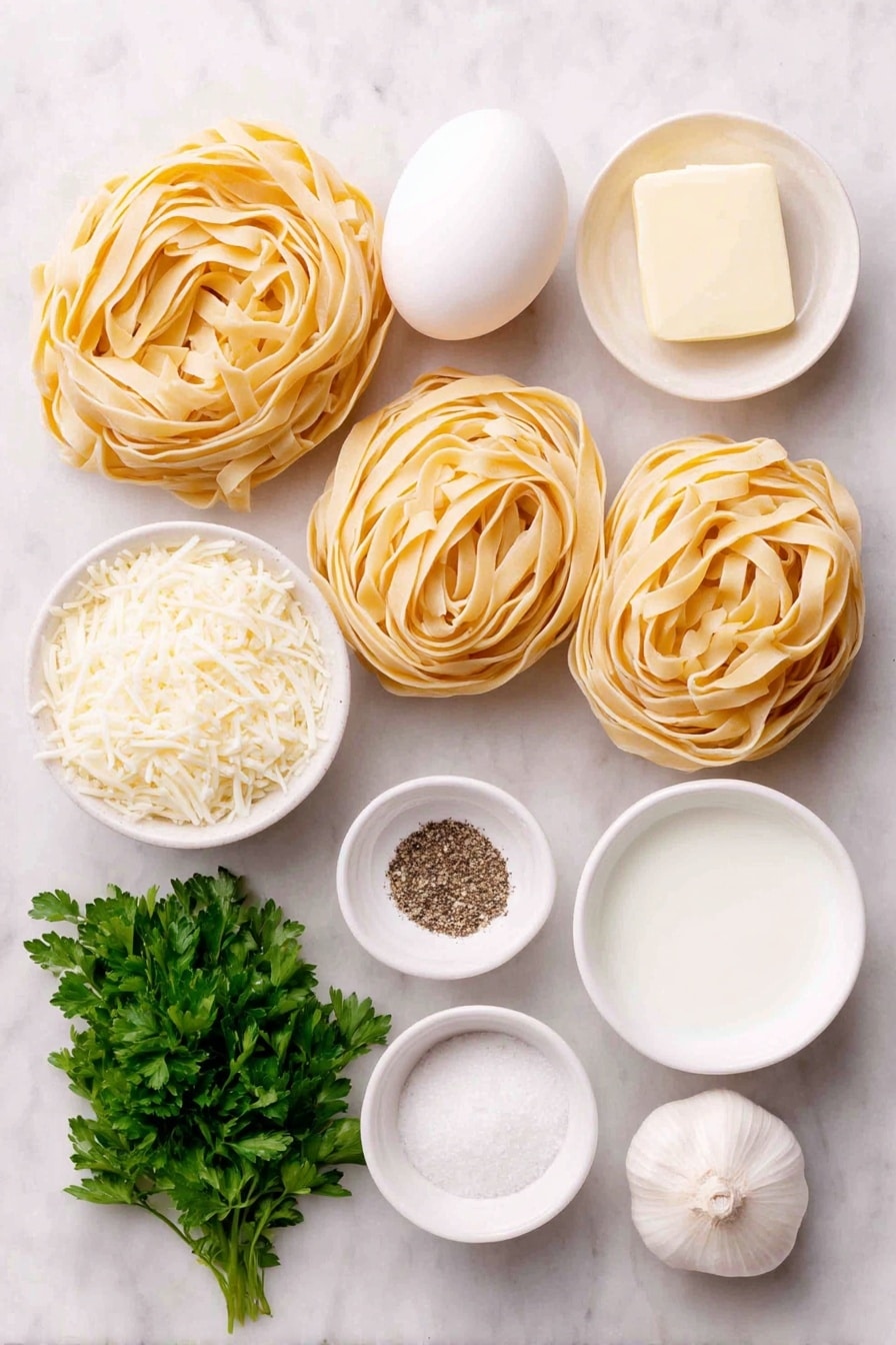 Flat lay of fresh uncooked fettuccine pasta nests, a few golden pats of butter, a single uncracked white egg, one whole garlic bulb clove, a small white bowl of rich heavy cream, a small white bowl filled with finely shredded Parmesan cheese, a small white bowl containing coarse sea salt, a small white bowl with freshly ground black pepper, and a small bunch of vibrant Italian parsley sprigs, all arranged in perfect symmetry on simple white ceramic dishes placed on a clean white marble surface, soft natural light, photo taken with an iPhone, professional food photography style, fresh ingredients, white ceramic bowls, no bottles, no duplicates, no utensils, no packaging --ar 2:3 --v 7 --p m7354615311229779997 - Creamy Fettuccine Alfredo, creamy pasta recipe, homemade Alfredo sauce, easy Italian pasta, quick weeknight dinner