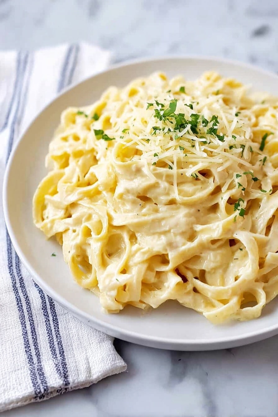 A white plate filled with creamy light yellow fettuccine pasta, coated evenly with a smooth sauce. On top, a small pile of finely shredded pale yellow cheese and green chopped herbs adds texture and color contrast. The plate sits on a white marbled surface with a folded white and blue striped cloth nearby. The dish looks rich and smooth, with the pasta strands loosely layered and softly curled. Photo taken with an iphone --ar 2:3 --v 7 - Creamy Fettuccine Alfredo, creamy pasta recipe, homemade Alfredo sauce, easy Italian pasta, quick weeknight dinner