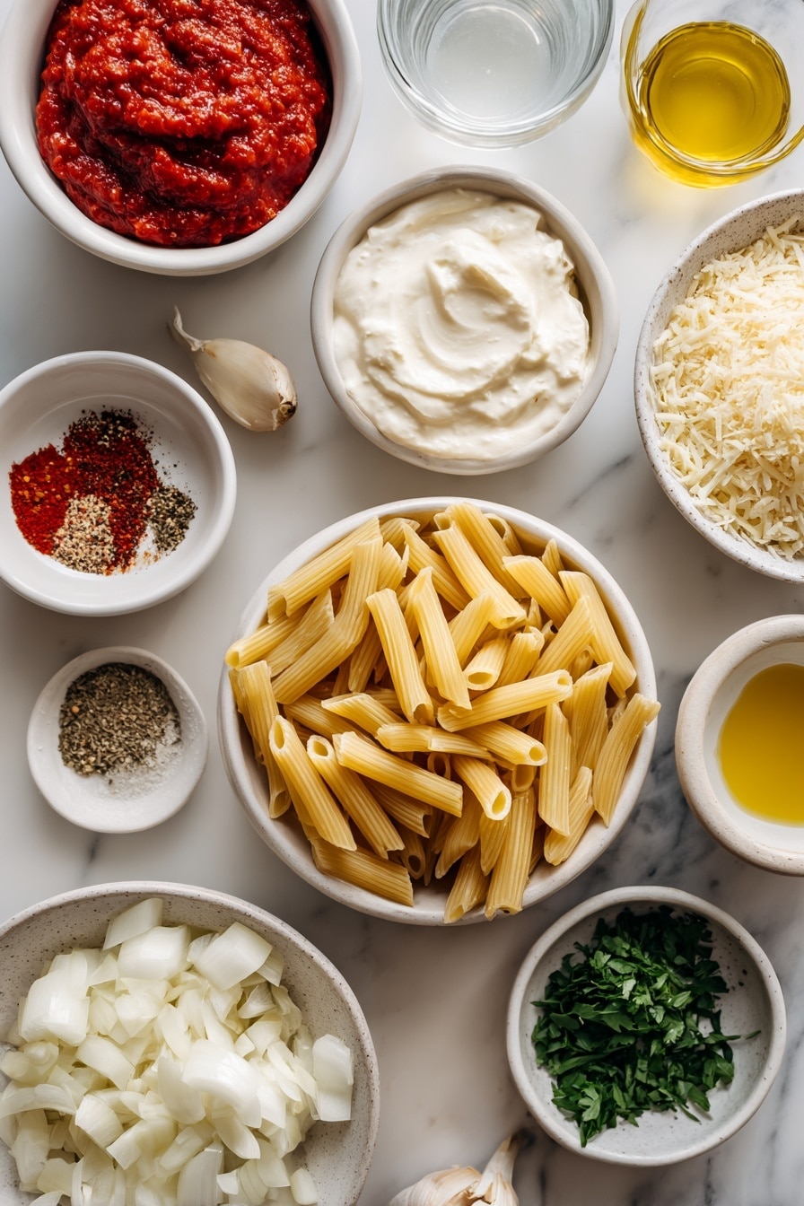 Flat lay of a small pile of uncooked penne pasta, two whole brown eggs with clean shells, a small white ceramic bowl of vibrant red tomato paste, a small white ceramic bowl of thick creamy double cream, a small white ceramic bowl of clear vodka, a small white ceramic bowl of golden olive oil, a small white ceramic bowl of coarse kosher salt, a small white ceramic bowl of crushed red pepper flakes, a small white ceramic bowl of freshly ground black pepper, a few garlic cloves with papery skins, a small white ceramic bowl of finely diced white onion, a small white ceramic bowl of finely chopped fresh parsley, a small white ceramic bowl holding a loosely packed cup of freshly grated pale yellow parmesan cheese placed on a clean white marble surface, soft natural light, photo taken with an iPhone, professional food photography style, fresh ingredients, white ceramic bowls, no bottles, no duplicates, no utensils, no packaging --ar 2:3 --v 7 --p m7354615311229779997 - Creamy Vodka Penne Pasta, creamy penne pasta, vodka pasta recipe, easy pasta dinner, indulgent pasta dish