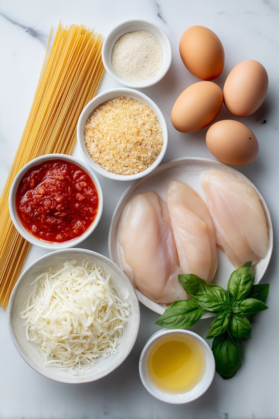 Flat lay of boneless skinless chicken breasts halved horizontally, two whole brown eggs with clean shells, a small white ceramic bowl of pale golden panko bread crumbs, a small white ceramic bowl of mixed Italian style bread crumbs, a small white ceramic bowl of freshly grated parmesan cheese, a small white ceramic bowl of bright red marinara sauce, a small white ceramic bowl of shredded white mozzarella cheese, a few vibrant fresh green basil leaves, a small white ceramic bowl of golden oil, all arranged symmetrically and balanced, placed on a clean white marble surface, soft natural light, photo taken with an iPhone, professional food photography style, fresh ingredients, white ceramic bowls, no bottles, no duplicates, no utensils, no packaging --ar 2:3 --v 7 --p m7354615311229779997 - Easy Chicken Parmesan, Chicken Parmesan dinner, crispy chicken Parmesan, homemade chicken Parmesan, best Chicken Parmesan