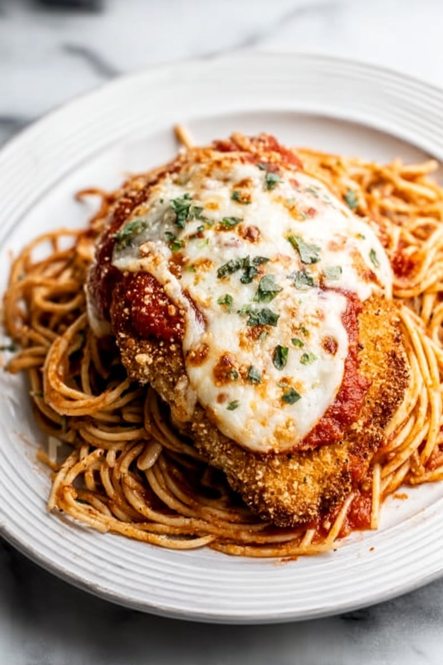 There is a white plate with a ringed edge that holds a layer of light brown spaghetti with a thick red tomato sauce mixed through it. On top of the spaghetti sits a piece of crispy, golden-brown breaded chicken. Layered over the chicken is a melted white cheese with some browned spots and small green herb bits sprinkled on top. The plate is on a white marbled surface with a bit of shadow under the plate. The picture is well-lit and taken close up, showing all textures clearly photo taken with an iphone --ar 2:3 --v 7 - Easy Chicken Parmesan, Chicken Parmesan dinner, crispy chicken Parmesan, homemade chicken Parmesan, best Chicken Parmesan