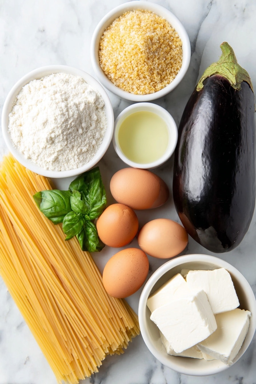 Flat lay of one whole globe eggplant, a small white bowl of all-purpose flour, two whole uncracked large brown eggs with clean shells, a small white bowl filled with golden panko breadcrumbs, a small white bowl of neutral cooking oil, a block of fresh white mozzarella cheese, a neat bundle of uncooked spaghetti pasta, a small white bowl containing rich homemade spaghetti meat sauce, a small white bowl of grated Parmigiano-Reggiano cheese, and a few fresh green basil sprigs, all placed on a clean white marble surface, soft natural light, photo taken with an iPhone, professional food photography style, fresh ingredients, white ceramic bowls, no bottles, no duplicates, no utensils, no packaging --ar 2:3 --v 7 --p m7354615311229779997 - Eggplant Parmesan Spaghetti with Meat Sauce, Eggplant Parmesan spaghetti, hearty Italian pasta recipes, crispy eggplant pasta dish, meat sauce spaghetti dinner