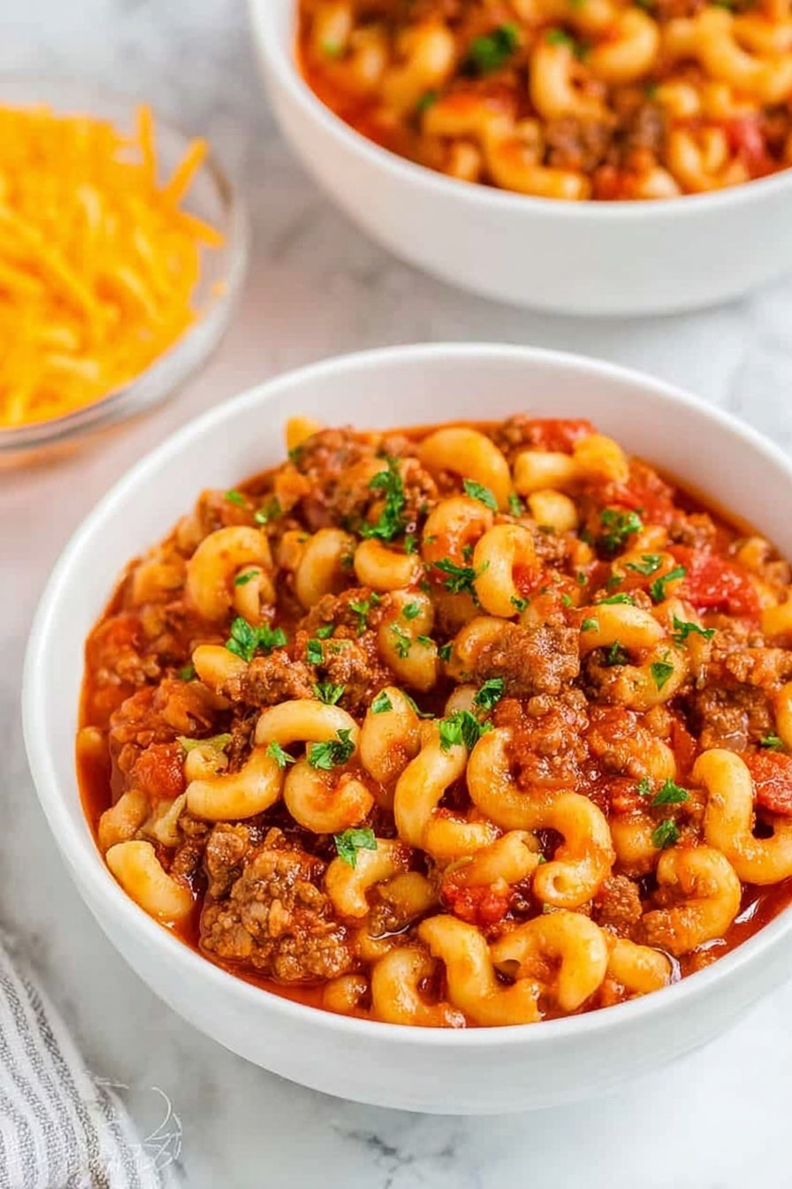 A white bowl filled with a warm dish made of soft elbow macaroni mixed with chunky pieces of browned meat and bits of tomato in a thick red sauce. The top is sprinkled with fresh green chopped herbs. In the background, there is another white bowl with the same dish and a small clear bowl filled with bright orange shredded cheese, all placed on a white marbled surface. Photo taken with an iphone --ar 2:3 --v 7 - American Chop Suey, Easy American Chop Suey, classic American pasta dish, hearty ground beef pasta, one-pot American Chop Suey