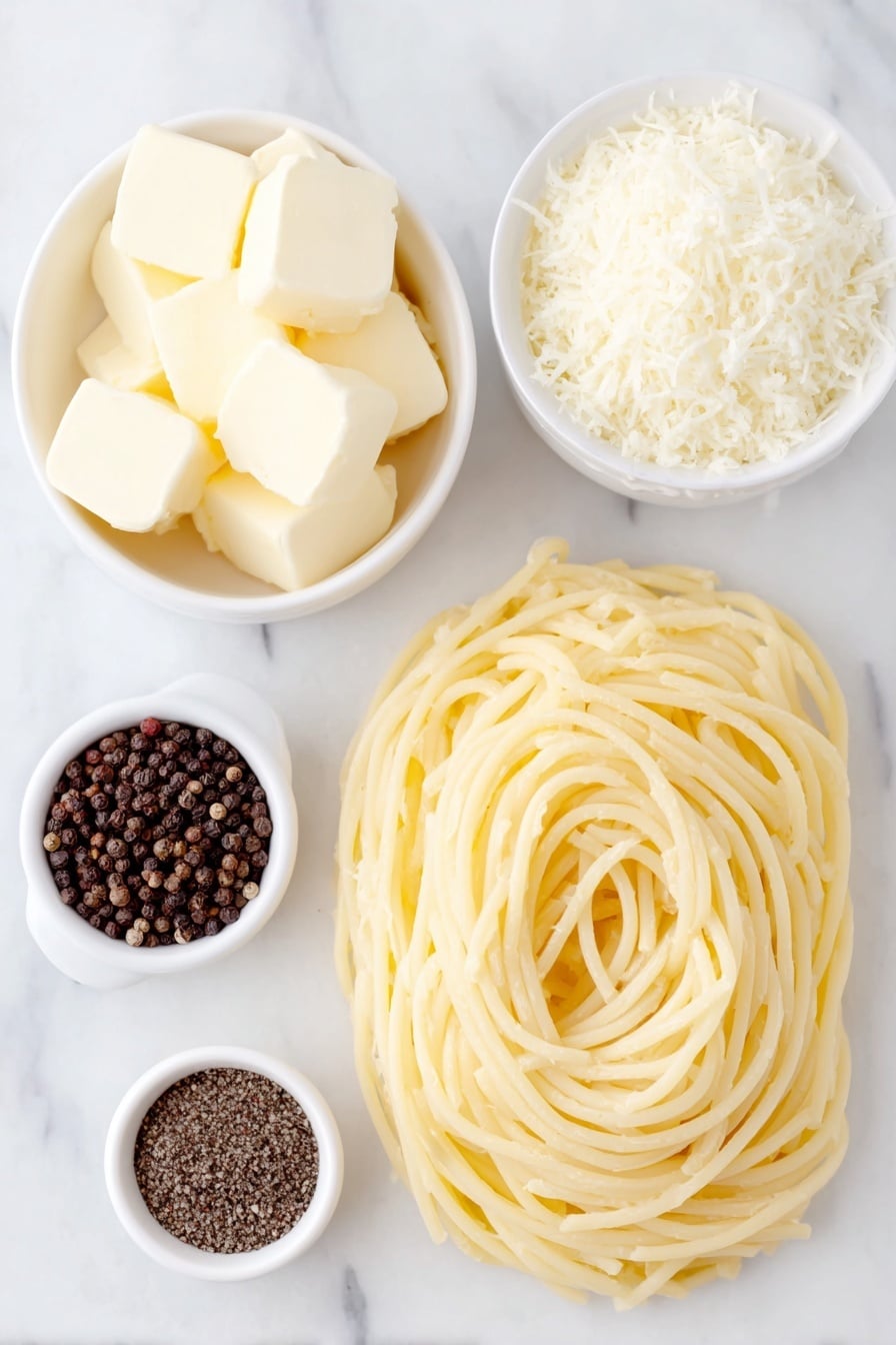 Flat lay of dried bucatini pasta nest, a small white bowl of unsalted butter cubes, a small white bowl filled with freshly grated Pecorino Romano cheese, a small white bowl containing cracked toasted black pepper, placed on a clean white marble surface, soft natural light, photo taken with an iPhone, professional food photography style, fresh ingredients, white ceramic bowls, no bottles, no duplicates, no utensils, no packaging --ar 2:3 --v 7 --p m7354615311229779997 - Creamy Cacio e Pepe Pasta, Cacio e Pepe pasta recipe, how to make creamy cacio e pepe, easy cacio e pepe pasta, quick Italian pasta dish