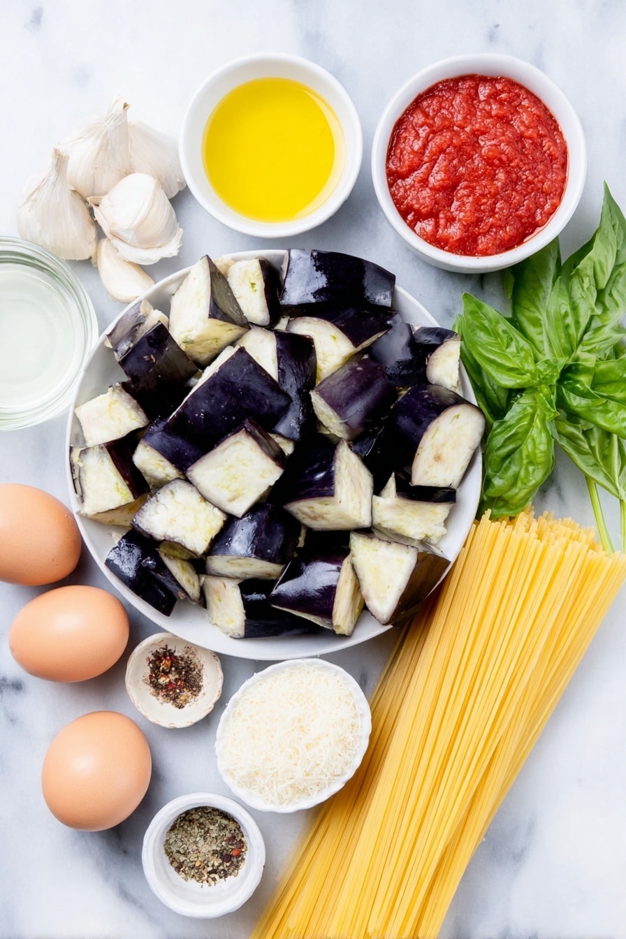 Flat lay of fresh cubed eggplant with deep purple skin and creamy white flesh, two whole brown garlic cloves, one small yellow onion peeled and whole, bright green basil leaves loosely piled, a small white ceramic bowl with extra virgin olive oil, a small white bowl with vibrant red tomato passata, a small white bowl with clear white wine, a small white bowl with clear water, a small white bowl containing a mix of dried Italian herbs and red pepper flakes, two uncracked brown eggs with smooth shells, a neat bundle of golden yellow uncooked spaghetti, and grated Parmesan cheese piled lightly on a white ceramic plate, all arranged symmetrically on a clean white marble surface, soft natural light, photo taken with an iPhone, professional food photography style, fresh ingredients, white ceramic bowls, no bottles, no duplicates, no utensils, no packaging --ar 2:3 --v 7 --p m7354615311229779997 - Eggplant Pasta alla Norma, Eggplant pasta recipe, Sicilian pasta dishes, Roasted eggplant pasta, Vegetarian pasta recipes