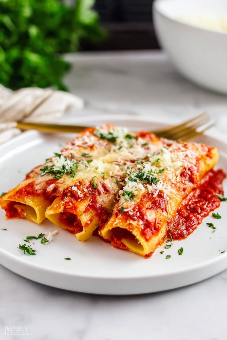 The image shows three rolled pasta pieces placed side by side on a large white plate, each covered in a thick red tomato sauce and melted white cheese that is slightly browned. There is a sprinkle of finely grated white cheese and fresh green herbs evenly scattered over the pasta. In the background, there is a white bowl with green herbs and a tray with more pasta rolls visible on a dark surface, all set on a white marbled texture. To the right of the plate, there is a golden spoon and fork resting on the same dark surface. Photo taken with an iphone --ar 2:3 --v 7 - Cheese Manicotti Bake, cheesy Italian casserole, no-boil manicotti recipe, baked cheese pasta, easy Italian dinner