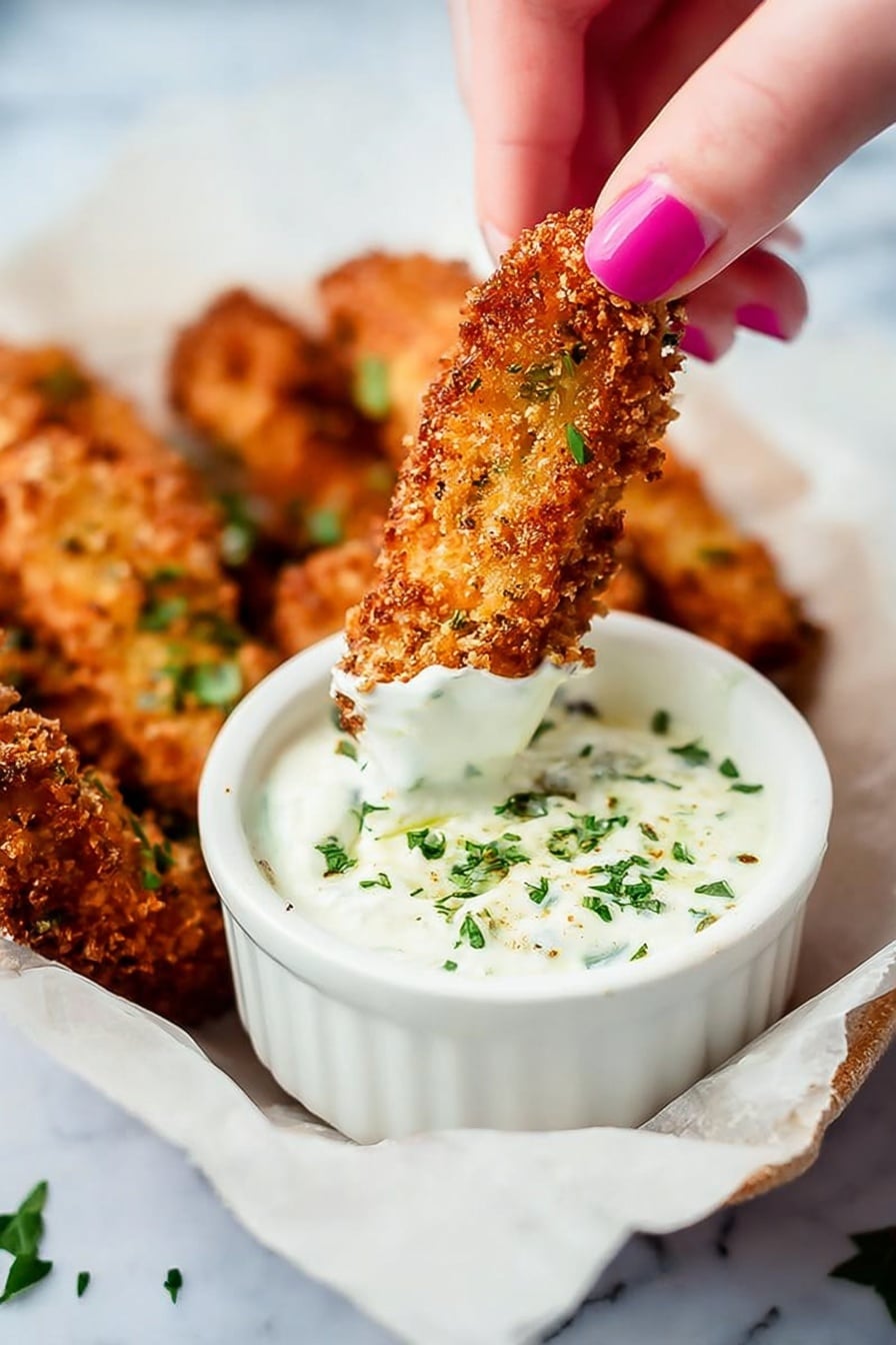 A woman's hand with pink nail polish is holding a golden-brown crispy finger-shaped food item that is being dipped into a small white bowl filled with a creamy white sauce, topped with green herbs sprinkled over it. The bowl sits on white parchment paper, and several more crispy finger-shaped items are placed blurred in the background on the same parchment paper. The setting has a soft focus with a white marbled texture in the background. Photo taken with an iphone --ar 2:3 --v 7 - Baked Pickle Fries with Dill Ranch, crispy pickle fries, homemade dill ranch dip, healthy snack ideas, game day appetizer recipes
