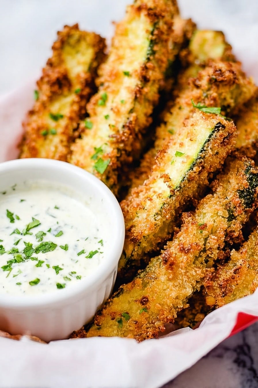 The image shows several golden brown breaded zucchini sticks arranged closely together in a white basket lined with white paper. The zucchini sticks have a crispy, crumbly texture with some green skin visible beneath the crust. Small green herb pieces are sprinkled on top of the zucchini sticks. Next to the basket, a white bowl filled with a creamy white dipping sauce, also topped with green herbs, is partially visible in the foreground. The background is a white marbled texture. Photo taken with an iphone --ar 2:3 --v 7 - Baked Pickle Fries with Dill Ranch, crispy pickle fries, homemade dill ranch dip, healthy snack ideas, game day appetizer recipes