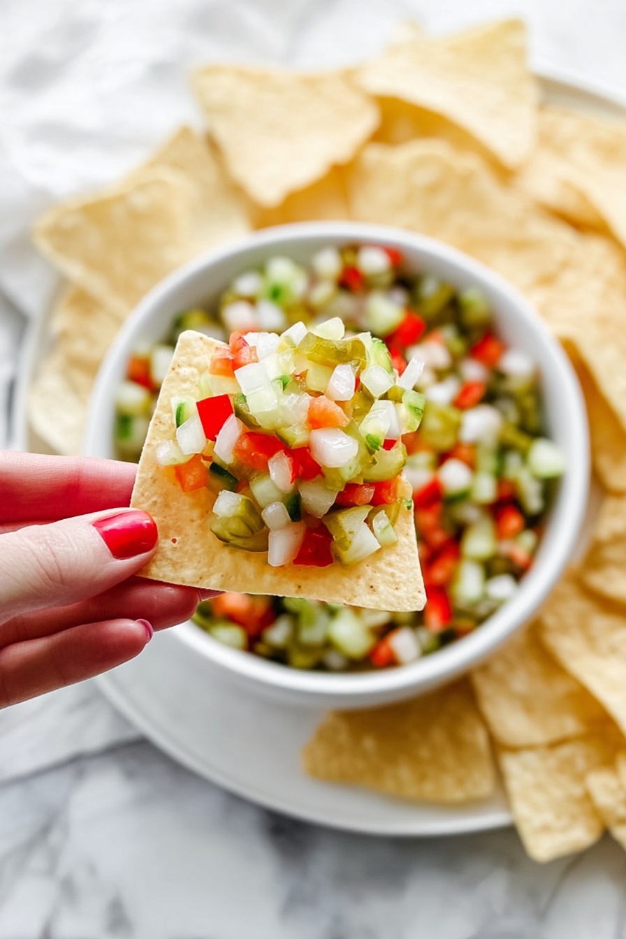 A clear glass bowl filled with finely chopped layers of vegetables, including bright red bell peppers, green pickles, and white onions, all cut into small cubes evenly mixed together. The bowl is placed on a white marbled surface, and a silver spoon rests inside the bowl on the right side. The mix of colors is vibrant, with the red, green, and white pieces spread throughout the bowl, creating a fresh and crisp look. photo taken with an iphone --ar 2:3 --v 7 - Pickle de Gallo, pickle de Gallo recipe, tangy pico de Gallo, quick pico de Gallo with pickles, versatile pickle de Gallo