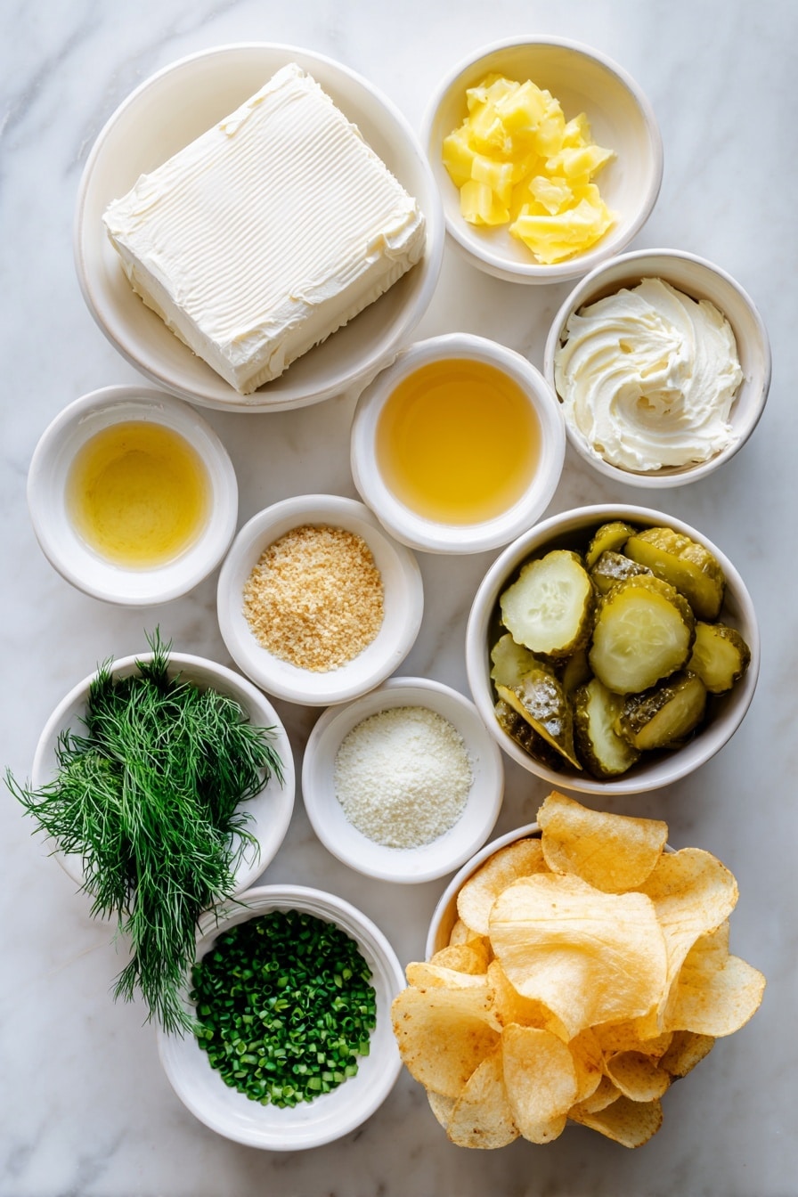 Flat lay of a block of softened cream cheese, a small white bowl of thick Greek yogurt, a small white bowl of golden melted butter, a small white bowl of golden panko breadcrumbs, a small white bowl of light yellowish Worcestershire sauce, a small white bowl of vibrant green chopped fresh dill, a small white bowl of finely chopped bright green chives, a small white bowl of pale yellow garlic powder, a small white bowl of translucent light green dill pickle juice, a small white bowl filled with chopped glossy green dill pickles, and a neat pile of golden crispy potato chips, all arranged symmetrically on a clean white ceramic surface, placed on a clean white marble surface, soft natural light, photo taken with an iPhone, professional food photography style, fresh ingredients, white ceramic bowls, no bottles, no duplicates, no utensils, no packaging --ar 2:3 --v 7 --p m7354615311229779997 - Creamy Ranch Pickle Dip, ranch dill pickle dip, easy pickle dip recipe, party snack dip, creamy appetizer with pickles