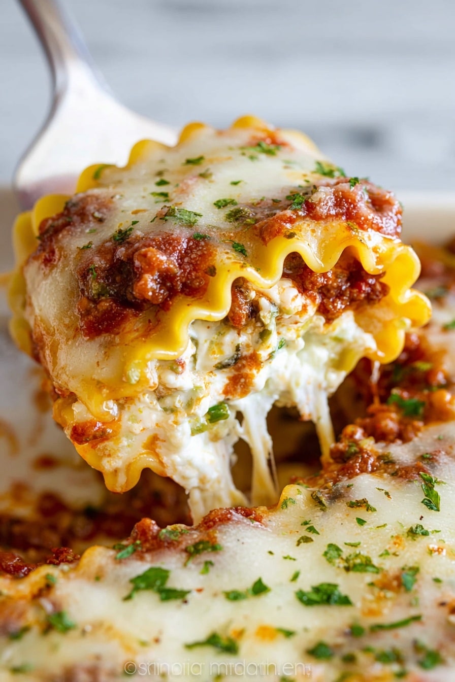 The image shows a close-up of a rolled lasagna with three visible layers: the outer pasta layer is yellow with wavy edges, the middle layer contains a red meat sauce with bits of ground meat and some melted cheese, and the inner layer has creamy white cheese mixed with small green herb pieces. The top is covered with a layer of melted white cheese that is slightly browned and bubbly, sprinkled lightly with green herbs. The lasagna is held by a white utensil, with a portion being lifted to show the stretchy melted cheese inside, all placed on a white marbled surface. photo taken with an iphone --ar 2:3 --v 7 - Cheesy Beef Lasagna Roll-Ups, Beef Lasagna Roll-Ups, Easy Lasagna Roll-Ups, Italian Beef Roll-Ups, Comfort Food Dinner