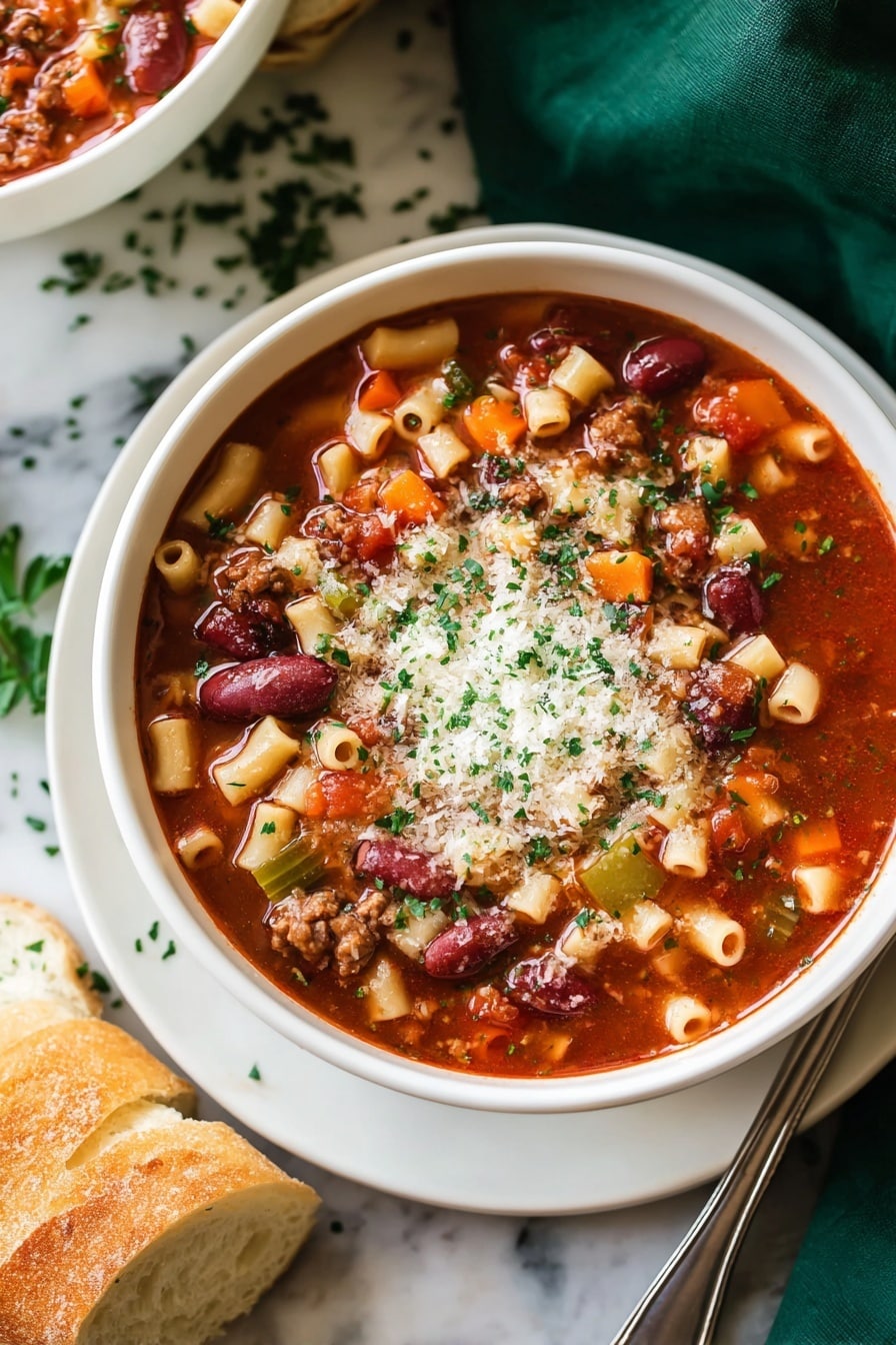 A white bowl filled with a thick red soup containing small tube pasta, red kidney beans, minced meat, and diced orange carrots and celery pieces. The soup is sprinkled with finely chopped fresh green herbs and a layer of grated white cheese on top. The bowl sits on a white plate with some green herb bits scattered around. Nearby are slices of a white baguette and a large silver spoon resting on the plate. The scene is set on a white marbled surface with a dark green cloth in the top right background. photo taken with an iphone --ar 2:3 --v 7 - Pasta e Fagioli Soup Olive Garden, Italian Copycat Soup, Hearty Bean and Pasta Soup, Easy Olive Garden Copycat Recipe, Comfort Food Soup Recipes