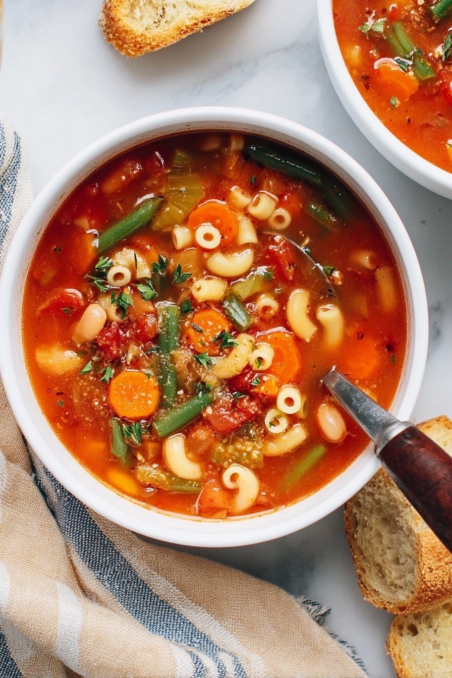 The image shows two white bowls filled with vegetable soup placed on a white marbled surface. Each bowl contains a bright red broth with visible layers of sliced orange carrots, green beans, small pasta rings, and white beans, with tiny green herbs sprinkled on top. A woman’s hand holds a spoon resting inside one of the bowls. Above the bowls, a large pot of the same soup is visible with a wooden spoon resting inside; the pot sits on the marbled surface next to a wooden board. On the board, there are two white garlic bulbs, a small wooden bowl with red chili flakes, another wooden bowl with chopped green herbs, and some sprigs of fresh parsley. Sliced white bread pieces are placed near the board, and a striped white and blue cloth lies casually next to the bowls. The photo taken with an iphone --ar 2:3 --v 7 - Hearty Vegetarian Minestrone Soup, vegetarian minestrone, healthy vegetable soup, best minestrone recipe, cozy veggie soup