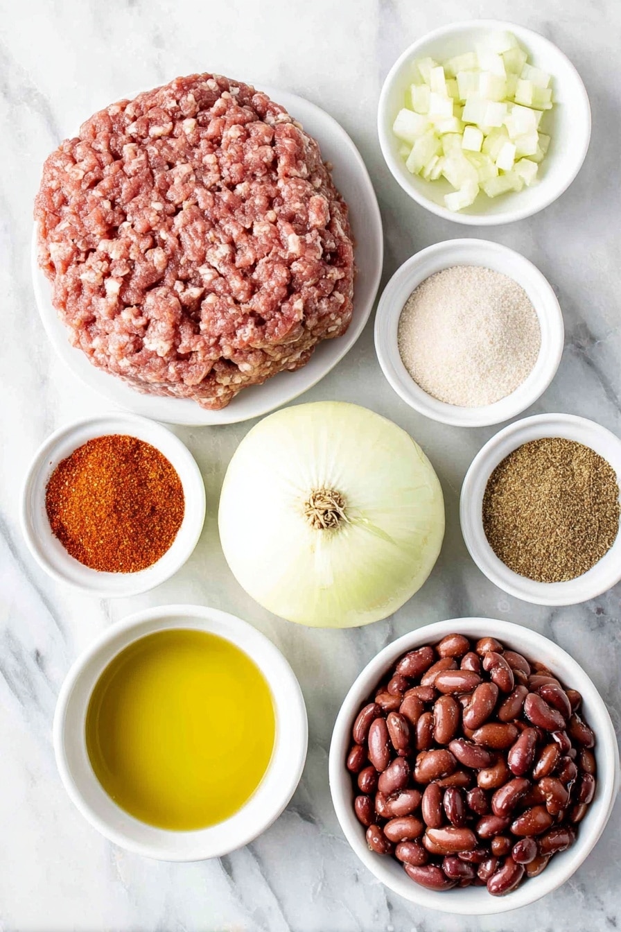 Flat lay of a small puddle of golden olive oil served in a simple white ceramic bowl, one whole small yellow onion with a few cubes diced next to it, a mound of fresh raw ground beef, three whole garlic bulbs, two small white ceramic bowls containing vibrant red chili powder and light brown cumin powder, two smaller white ceramic bowls with pale beige garlic powder and bright white salt crystals, a tiny pinch of bright red cayenne powder in a white ceramic bowl, a small white bowl holding vivid red diced fresh tomatoes, another white bowl with smooth bright red tomato paste, two separate white ceramic bowls filled with plump pinto beans and glossy dark red kidney beans, a small white bowl with clear golden honey, and a white bowl with rich brown beef broth, all ingredients arranged with perfect symmetry and realistic proportions, placed on a clean white marble surface, soft natural light, photo taken with an iPhone, professional food photography style, fresh ingredients, white ceramic bowls, no bottles, no duplicates, no utensils, no packaging --ar 2:3 --v 7 --p m7354615311229779997 - Hearty Beef Chili, easy beef chili recipe, comforting chili bowl, quick beef chili, best beef chili recipe