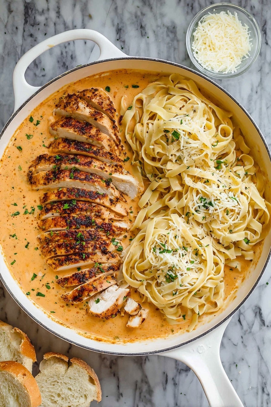 A close-up of a creamy pasta dish in a white bowl, showing three main layers: thick fettuccine noodles coated in a smooth, light beige sauce with small red flecks, golden-brown grilled chicken slices scattered on top with a slight char, and fresh green chopped parsley sprinkled evenly over everything. There are also thin white shavings of cheese scattered around the top, and a light dusting of black pepper is visible. The bowl rests on a white marbled surface. photo taken with an iphone --ar 2:3 --v 7 - Creamy Cajun Chicken Pasta, Cajun Chicken Pasta, Easy Cajun Pasta Recipe, Quick Creamy Chicken Pasta, Southern-Inspired Pasta