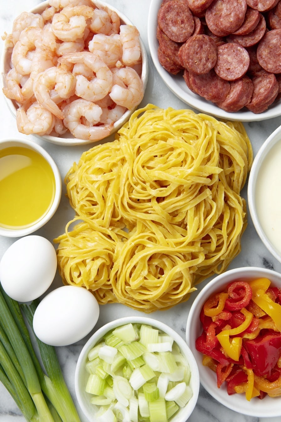 Flat lay of fresh linguine pasta nests, a pile of cleaned and deveined bright pink shrimp, thin slices of reddish-brown Andouille sausage, diced red and yellow bell peppers, diced white onion, diced celery stalks, a few whole green onions with vibrant green tops, a couple of whole brown eggs with clean shells, small white ceramic bowls containing golden olive oil, creamy heavy cream, deep reddish-brown Worcestershire sauce, and a light amber low sodium chicken stock, a small white bowl of reddish Cajun seasoning powder, all ingredients arranged symmetrically and balanced on a simple white ceramic plate, placed on a clean white marble surface, soft natural light, photo taken with an iPhone, professional food photography style, fresh ingredients, white ceramic bowls, no bottles, no duplicates, no utensils, no packaging --ar 2:3 --v 7 --p m7354615311229779997 - Cajun Shrimp and Sausage Pasta, Cajun pasta recipes, spicy shrimp pasta, Cajun sausage pasta, easy Cajun dinner ideas