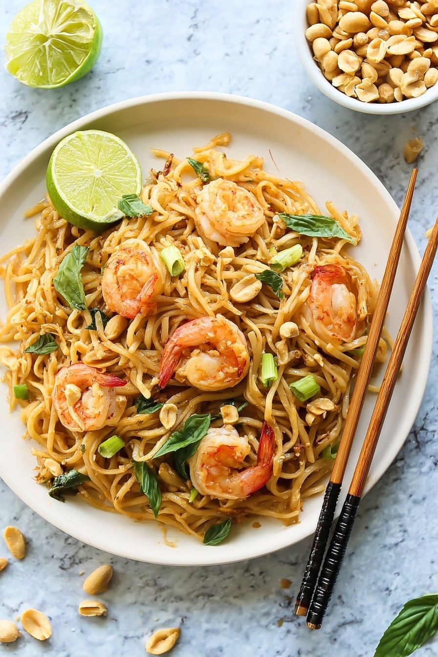 A white plate sits on a white marbled surface, filled with a mix of light beige noodles and bright pink cooked shrimp that have a slightly shiny texture. Scattered throughout the noodles are fresh green leaves and green onion pieces, adding vibrant splashes of color. On one side of the plate, a wedge of lime with a bright green skin and juicy, pale green inside leans against the noodles. Light brown crushed nuts are sprinkled over the dish, adding texture. Brown chopsticks with black tips rest across the right side of the plate. Nearby, a small white bowl holds more whole peanuts. A few lime wedges and green leaves are placed on the white marbled surface, enhancing the fresh look of the scene. Photo taken with an iphone --ar 2:3 --v 7 - Easy Shrimp Pad Thai, Shrimp Pad Thai recipe, homemade Pad Thai, quick Thai stir-fry, authentic Shrimp Pad Thai