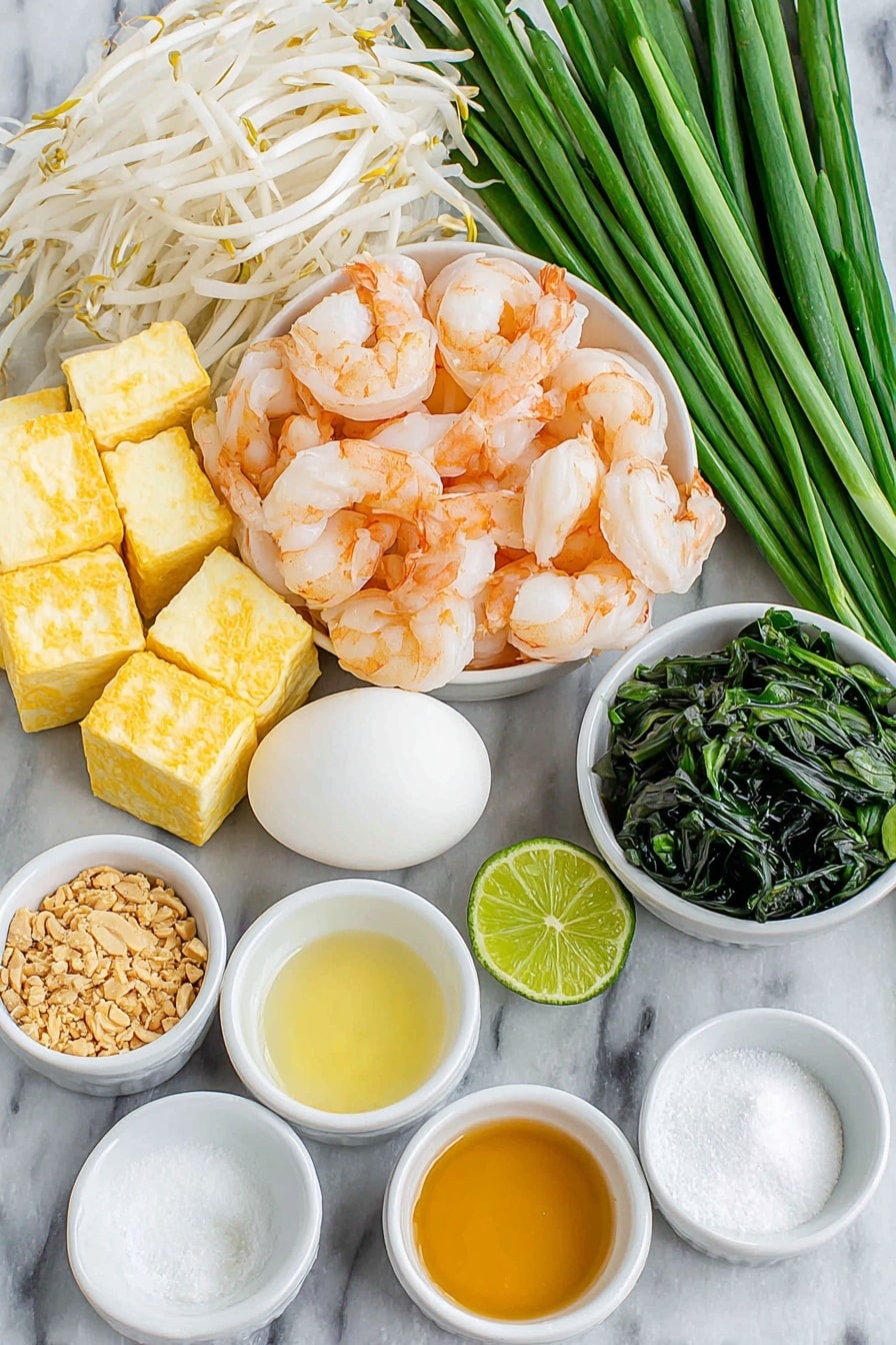 Flat lay of fresh medium-width rice noodles arranged in gentle folds, a small white ceramic bowl of dark tamarind concentrate, a small white bowl filled with light golden palm sugar crystals, a small white bowl containing moist brown sugar, a small white bowl with clear fish sauce, a small white bowl of water, thinly sliced raw chicken breast pieces neatly fanned out, a small white bowl of oyster sauce, several whole garlic cloves with papery skins intact, two whole shallots with purplish skin, four whole brown eggs with clean shells, firm white tofu cubes stacked neatly, fresh green onions cut into 2-inch pieces arranged in a bundle, a small pile of crisp fresh bean sprouts, a small white bowl with chopped bright orange preserved radish, a small white bowl of crushed peanuts, fresh lime wedges showing vibrant green skin and juicy interior, and a small white bowl with dried Thai red chili flakes — all placed on a clean white marble surface, soft natural light, photo taken with an iPhone, professional food photography style, fresh ingredients, white ceramic bowls, no bottles, no duplicates, no utensils, no packaging --ar 2:3 --v 7 --p m7354615311229779997 - Homemade Chicken Pad Thai, Thai chicken pad thai, easy chicken pad thai recipe, authentic pad thai, stir-fried chicken noodle dish