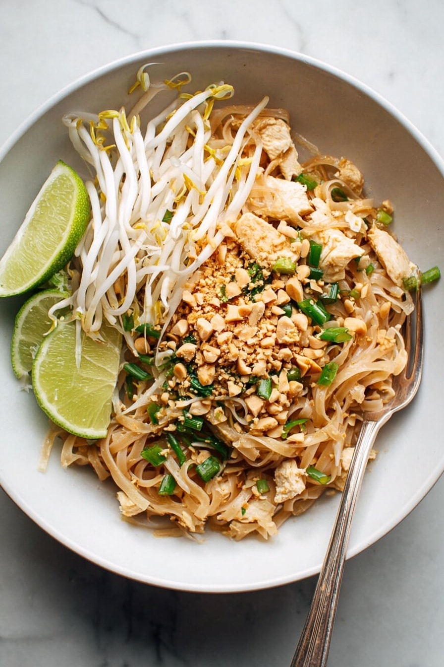 In a black cast iron pan filled with steaming noodle dish, there is one main layer of light brown flat noodles mixed with small pieces of cooked light brown chicken. On top of the noodles, there are scattered thin green strips of green onion and white bean sprouts with yellow tips. The noodles and toppings have a slightly shiny texture, showing they are freshly cooked. The pan is placed on a white marbled surface with soft natural light coming from the side, casting gentle shadows around. Photo taken with an iphone --ar 2:3 --v 7 - Homemade Chicken Pad Thai, Thai chicken pad thai, easy chicken pad thai recipe, authentic pad thai, stir-fried chicken noodle dish