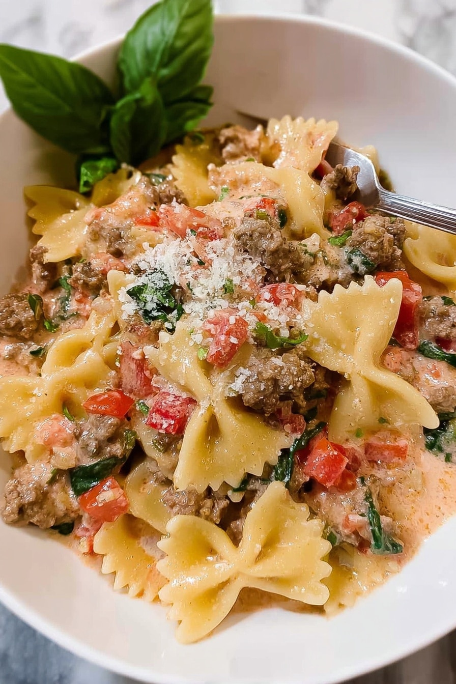 This image shows a black frying pan with creamy pasta inside. The pasta is bow-tie shaped with a light yellow color. Mixed in are small pieces of cooked ground meat, soft diced red tomatoes, and chopped green herbs scattered on top. The creamy sauce looks smooth and light orange, covering the pasta and ingredients evenly. The pan sits on a stove with visible black grates and control knobs in the background. Photo taken with an iphone --ar 2:3 --v 7 - Italian Sausage Bow Tie Pasta, Italian Sausage Pasta Recipe, Creamy Tomato Pasta with Sausage, Easy Italian Pasta Dinner, Crowd-Pleasing Pasta Recipes