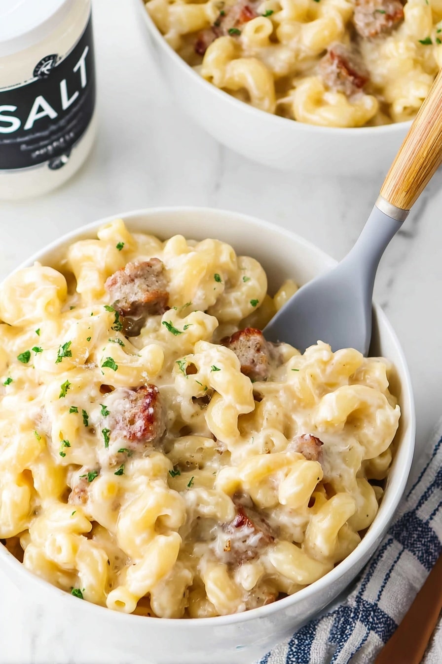 A white bowl filled with creamy macaroni and cheese mixed with small pieces of browned sausage, topped with scattered small green parsley leaves. The pasta is pale yellow with a smooth, creamy texture and the sausage pieces are a light brown. In the background, two more white bowls with the same dish are partially visible on a white marbled surface, along with a white salt shaker and a wooden board with shredded cheese. A blue and white striped cloth is partly seen at the bottom left, and fresh green parsley rests on the bottom right. photo taken with an iphone --ar 2:3 --v 7 - Creamy Sausage Mac and Cheese, cheesy sausage pasta, easy comfort food recipes, hearty sausage mac and cheese, quick weeknight dinner ideas