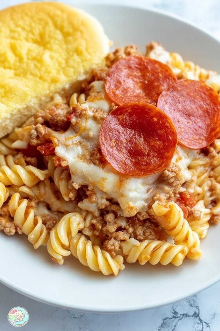 A white square dish filled with a baked pasta casserole. The bottom layer consists of rotini pasta mixed with a brown meat sauce, visible through patches of melted white cheese on top. The top layer is covered with evenly spaced, round, red pepperoni slices that have a shiny, slightly oily texture. The dish sits on a white marbled surface, with a bunch of fresh green parsley blurred in the background. Photo taken with an iphone --ar 2:3 --v 7 - Baked Pizza Pasta Bake, easy pizza pasta casserole, cheesy baked pasta, Italian comfort food, quick dinner recipes