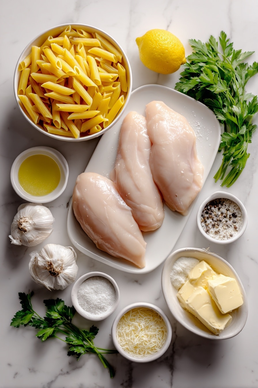 Flat lay of dried farfalle pasta, two whole chicken breasts, small white bowl of olive oil, three whole garlic cloves, small white bowl of heavy cream, small white bowl of freshly squeezed lemon juice, small white bowl of grated parmesan cheese, small white bowl of butter, fresh sprigs of chopped parsley, fresh lemon with visible zest, salt and pepper in small white bowls, placed on a clean white marble surface, soft natural light, photo taken with an iPhone, professional food photography style, fresh ingredients, white ceramic bowls, no bottles, no duplicates, no utensils, no packaging --ar 2:3 --v 7 --p m7354615311229779997 - Creamy Lemon Chicken Pasta, lemon chicken pasta, creamy pasta with lemon and chicken, quick lemon chicken pasta, easy lemon pasta dinner