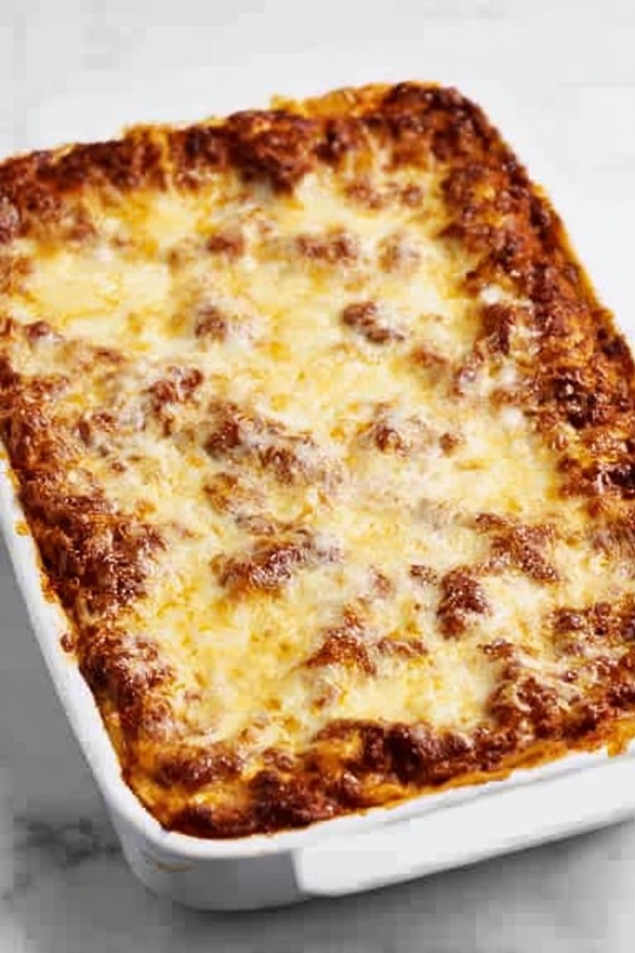The image shows a white rectangular baking dish filled with a baked lasagna. The top layer is covered in melted cheese that is golden brown and slightly crispy in some spots. Underneath the cheese, a rich tomato meat sauce is visible around the edges where the cheese has bubbled and spread. The lasagna is thick with several layers of pasta, sauce, and cheese stacked closely together. The dish sits on a white marbled surface, creating a clean and simple background. Photo taken with an iphone --ar 2:3 --v 7 - Cheesy Baked Spaghetti, cheesy baked spaghetti recipe, baked spaghetti casserole, easy cheesy pasta bake, comfort food recipes