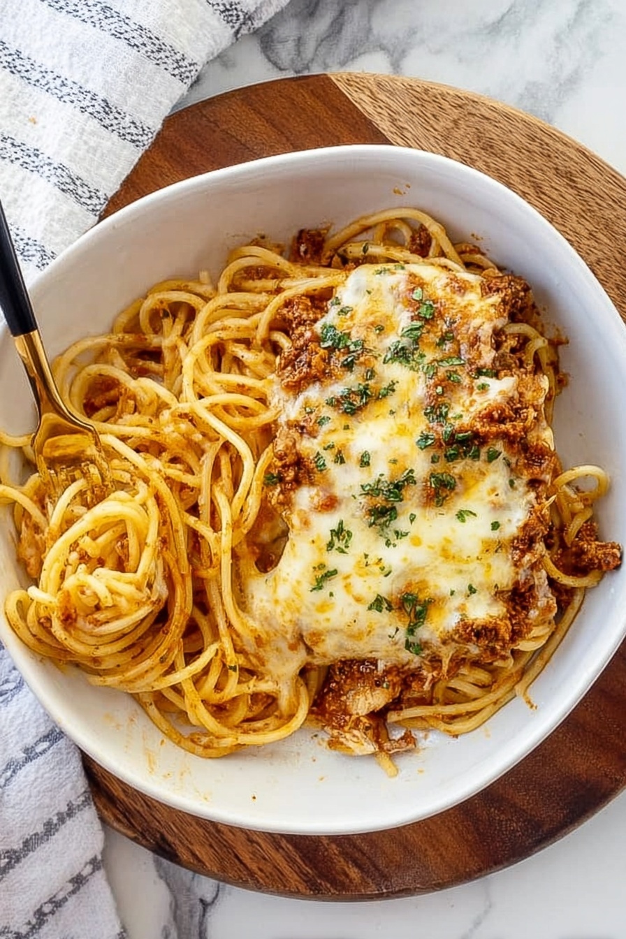 A white bowl filled with two main layers, the bottom layer is a serving of thick spaghetti noodles in a light orange sauce mixed with crumbled brown meat scattered throughout. The top layer is a rectangular piece of chicken covered with bubbly, browned melted cheese and sauce dripping over the edges. The dish is sprinkled thinly with chopped green herbs for color. A gold fork with a dark handle rests on the bottom left edge of the bowl with a woman's hand holding it. The bowl is placed on a wooden board, and the background is a white marbled surface with a white and gray striped cloth partially visible. Photo taken with an iphone --ar 2:3 --v 7 - Cheesy Baked Spaghetti, cheesy baked spaghetti recipe, baked spaghetti casserole, easy cheesy pasta bake, comfort food recipes