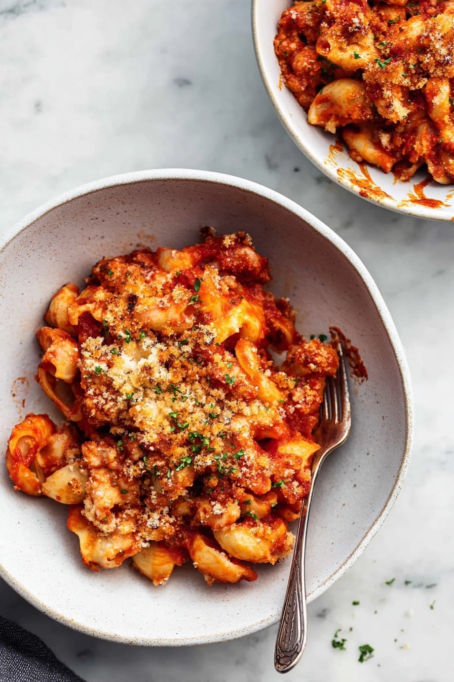 The image shows two white bowls of baked pasta on a white marbled surface, each filled with a layered dish made from curved pasta coated in a thick red tomato sauce. The pasta layer is mixed with melted cheese that peeks through in some spots, topped with a golden crumbly layer, likely toasted breadcrumbs, and sprinkled with finely chopped green herbs. A silver fork rests inside the front bowl, with some sauce on its tines, and a woman's hand gently holding a utensil is partially visible in the upper right corner. Small bits of herbs are scattered on the white marbled surface around the bowls. Photo taken with an iphone --ar 2:3 --v 7 - One Pot Chicken Parmesan Pasta, easy chicken pasta skillet, Italian chicken dinner, quick weeknight pasta, one pot lasagna style chicken
