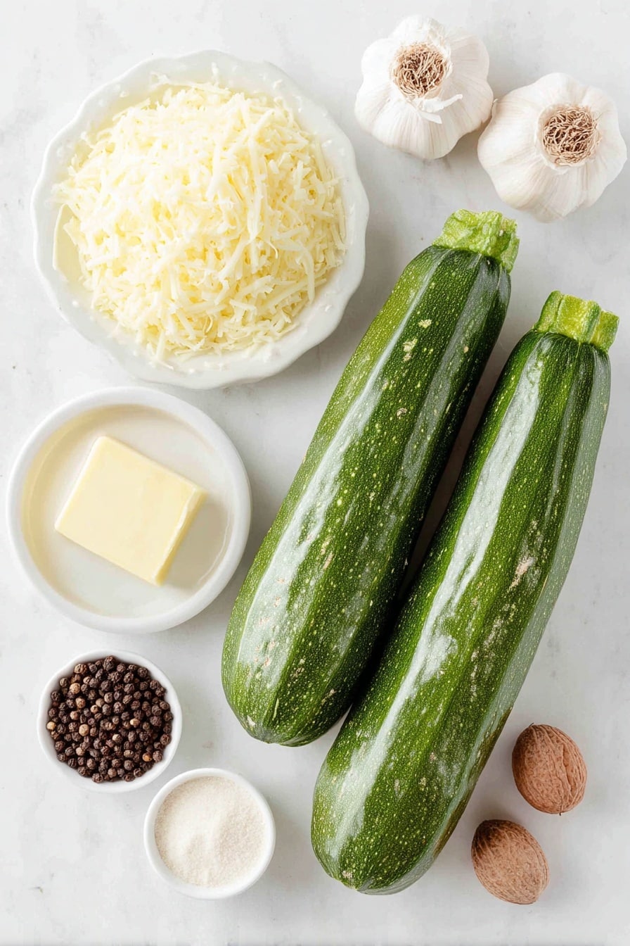 Flat lay of three fresh medium zucchini, a small pat of unsalted butter on a white ceramic plate, two whole uncracked garlic cloves, a small white bowl of grated parmesan cheese, a small white bowl of heavy cream, a small white bowl of unsweetened almond milk, a whole nutmeg seed beside a small white bowl with ground nutmeg powder, a small white bowl with a white powder of arrowroot powder, and a small white bowl containing whole black peppercorns, all arranged symmetrically and naturally, placed on a clean white marble surface, soft natural light, photo taken with an iPhone, professional food photography style, fresh ingredients, white ceramic bowls, no bottles, no duplicates, no utensils, no packaging --ar 2:3 --v 7 --p m7354615311229779997 - Creamy Zucchini Alfredo, healthy zucchini Alfredo, easy zucchini noodle recipe, light creamy pasta, quick dinner with zucchini