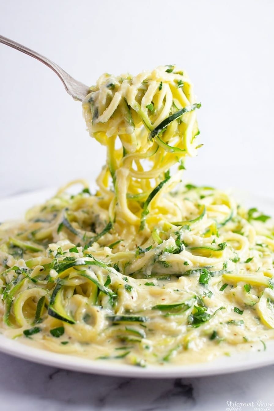 A close-up view of a large white plate filled with spiralized zucchini noodles mixed with a creamy light yellow sauce and sprinkled with small pieces of chopped green herbs, mostly parsley or cilantro. A fork lifts a twirl of the noodles above the plate, showing the long, thin, curly strands coated evenly in the sauce. The background is plain white marbled texture, making the colors of the zucchini and sauce stand out clearly. photo taken with an iphone --ar 2:3 --v 7 - Creamy Zucchini Alfredo, healthy zucchini Alfredo, easy zucchini noodle recipe, light creamy pasta, quick dinner with zucchini